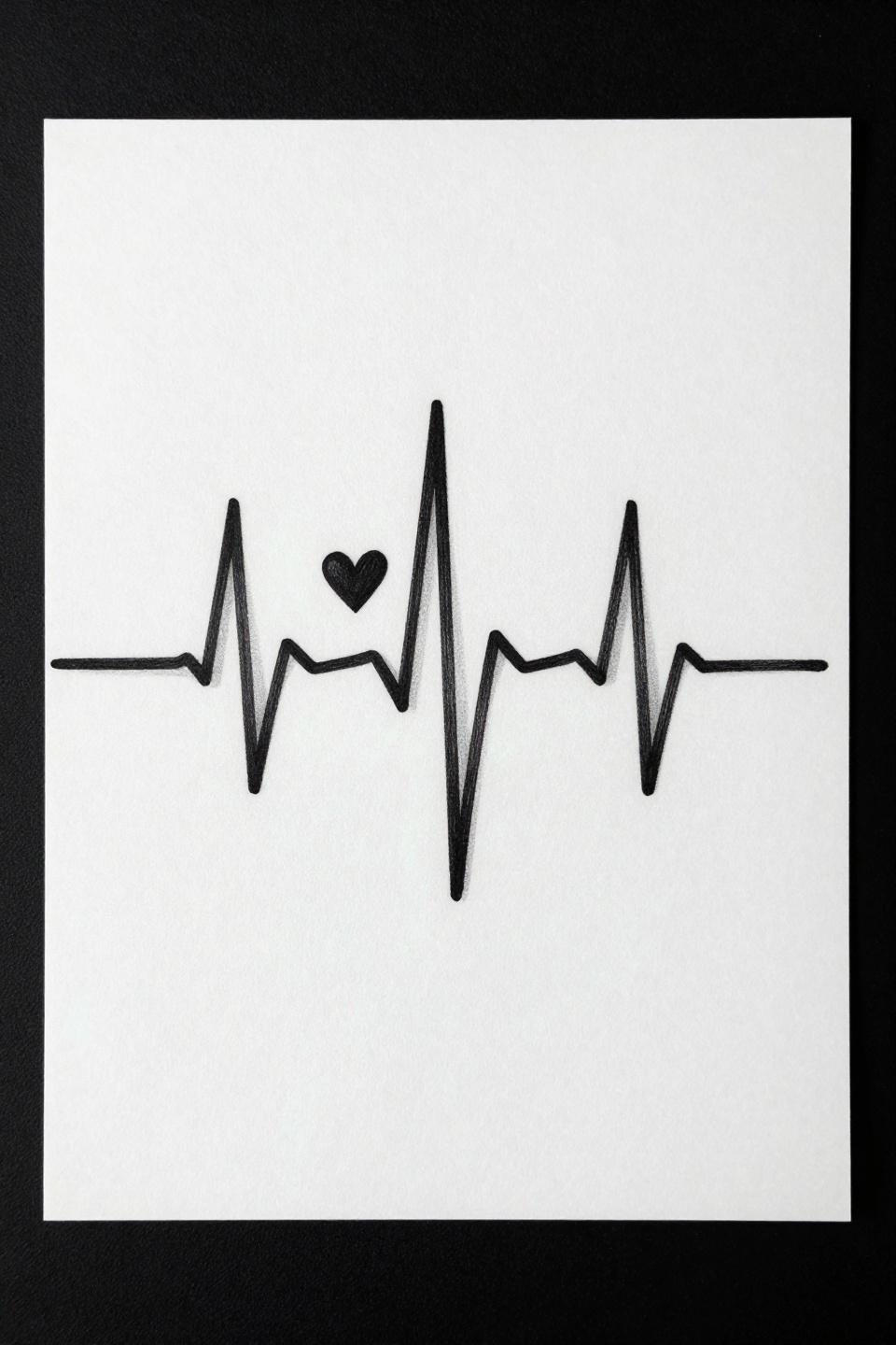 side wrist tattoo placement ideas heartbeat ECG fine line, single needle 0.5mm hairline strokes, heart apex peak, minimal black ink on white paper