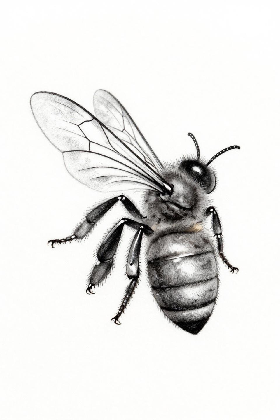 side wrist tattoo placement ideas honeybee fine line, 0.5mm single needle hairline strokes, segmented thorax, folded wings, grey wash midtones on white paper