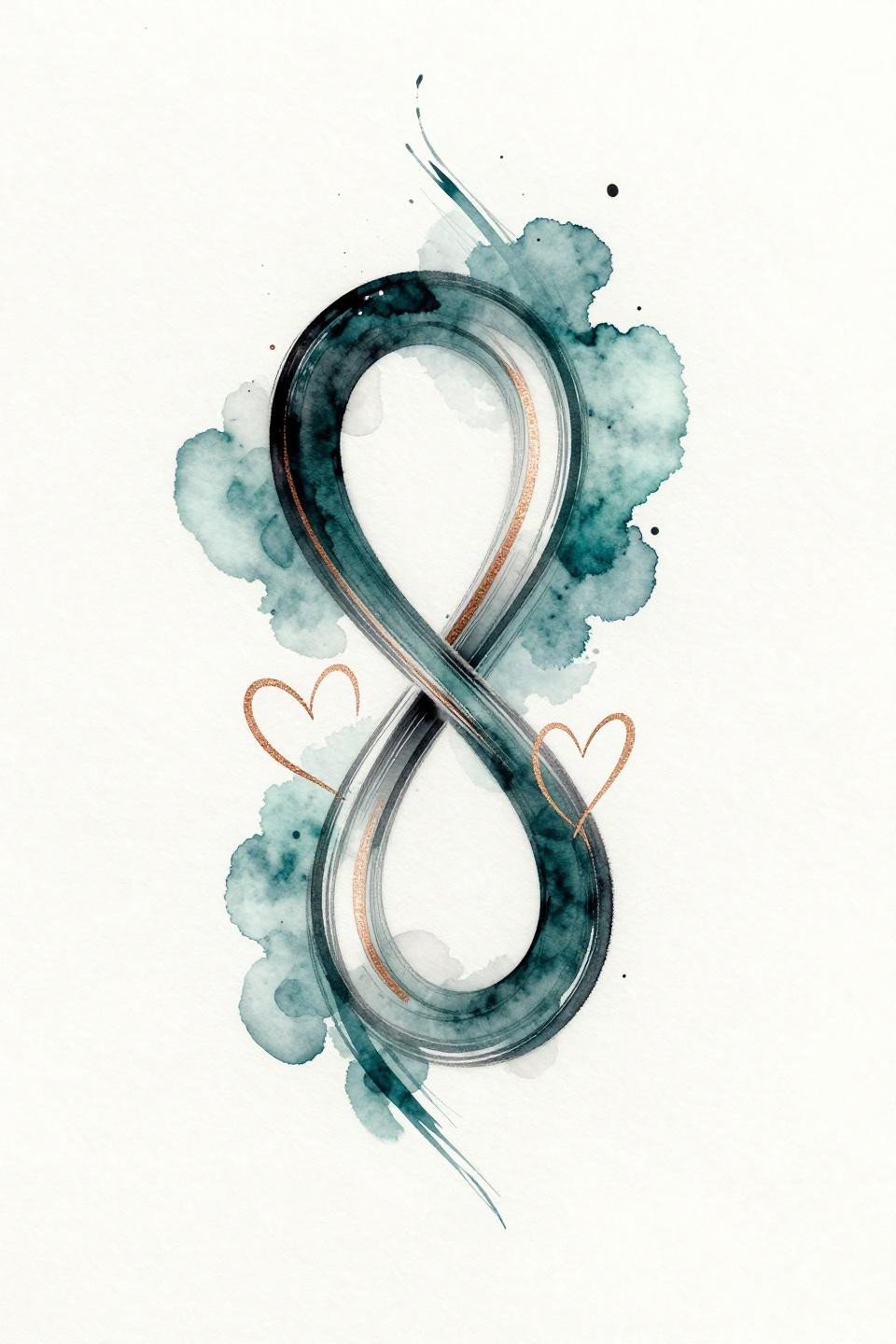 meaningful tattoo placement ideas infinity heart, watercolor splash style, teal copper metallic accent, calligraphic brushwork linework on white paper