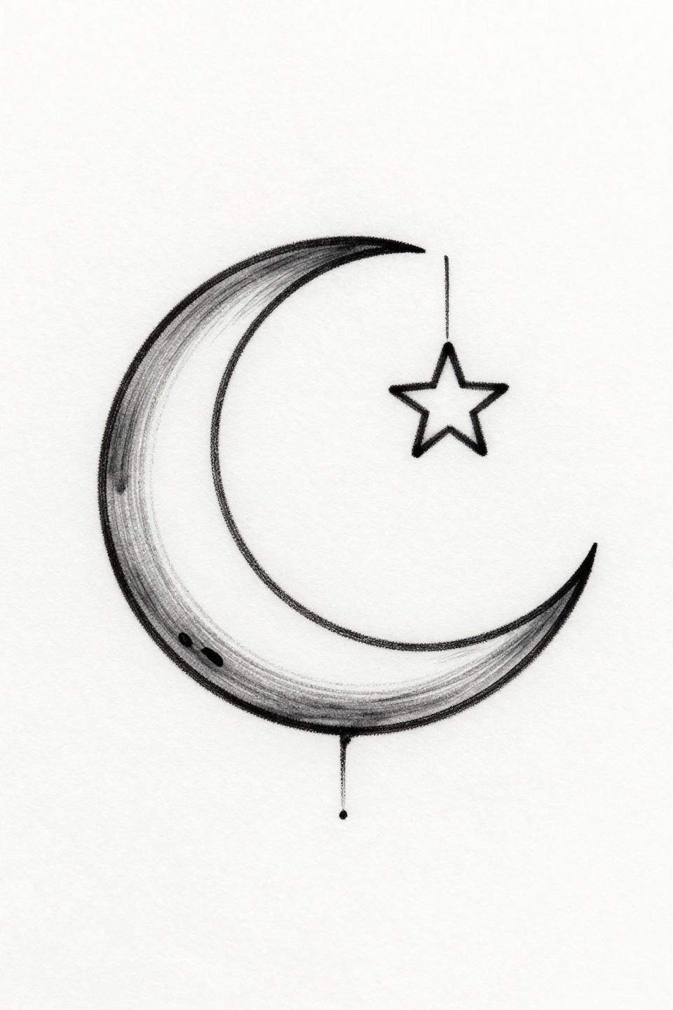 discreet tattoo placement ideas crescent moon star single continuous line, calligraphic wet ink stroke, hairline weight variation, asymmetric vertical float on white paper