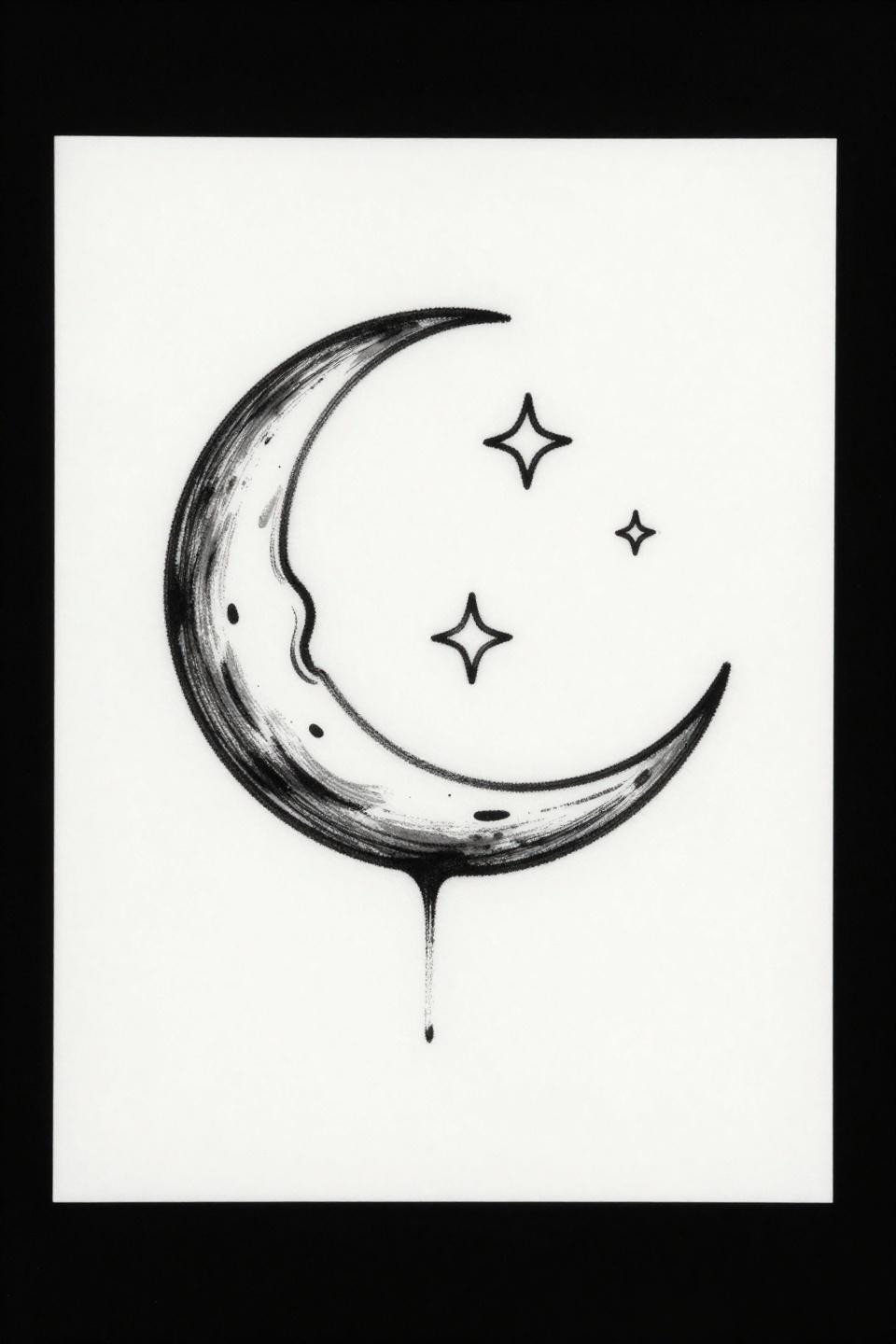hidden tattoo placement ideas crescent moon stars continuous line, single fluid brushwork stroke, asymmetric scatter, wet ink weight variation, black ink on white paper