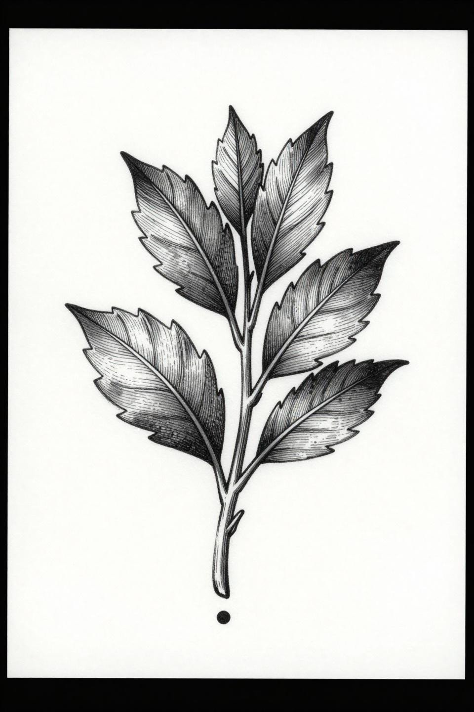 rib tattoo placement ideas semicolon botanical leaf, etching crosshatch style, hairline vein detail, parallel line shadows, asymmetric vertical orientation on white paper