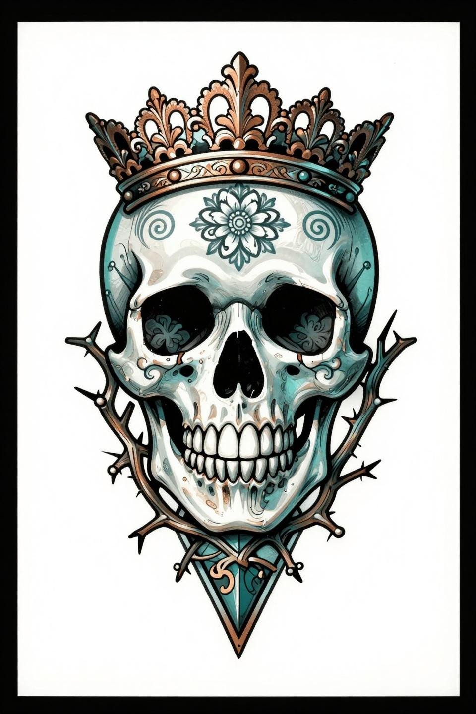 art nouveau skull tattoo stencil outline, baroque filigree crown, floral scrollwork eye sockets, thorn vine mandible, bold 2-3pt outlines, deep teal copper fills flash
