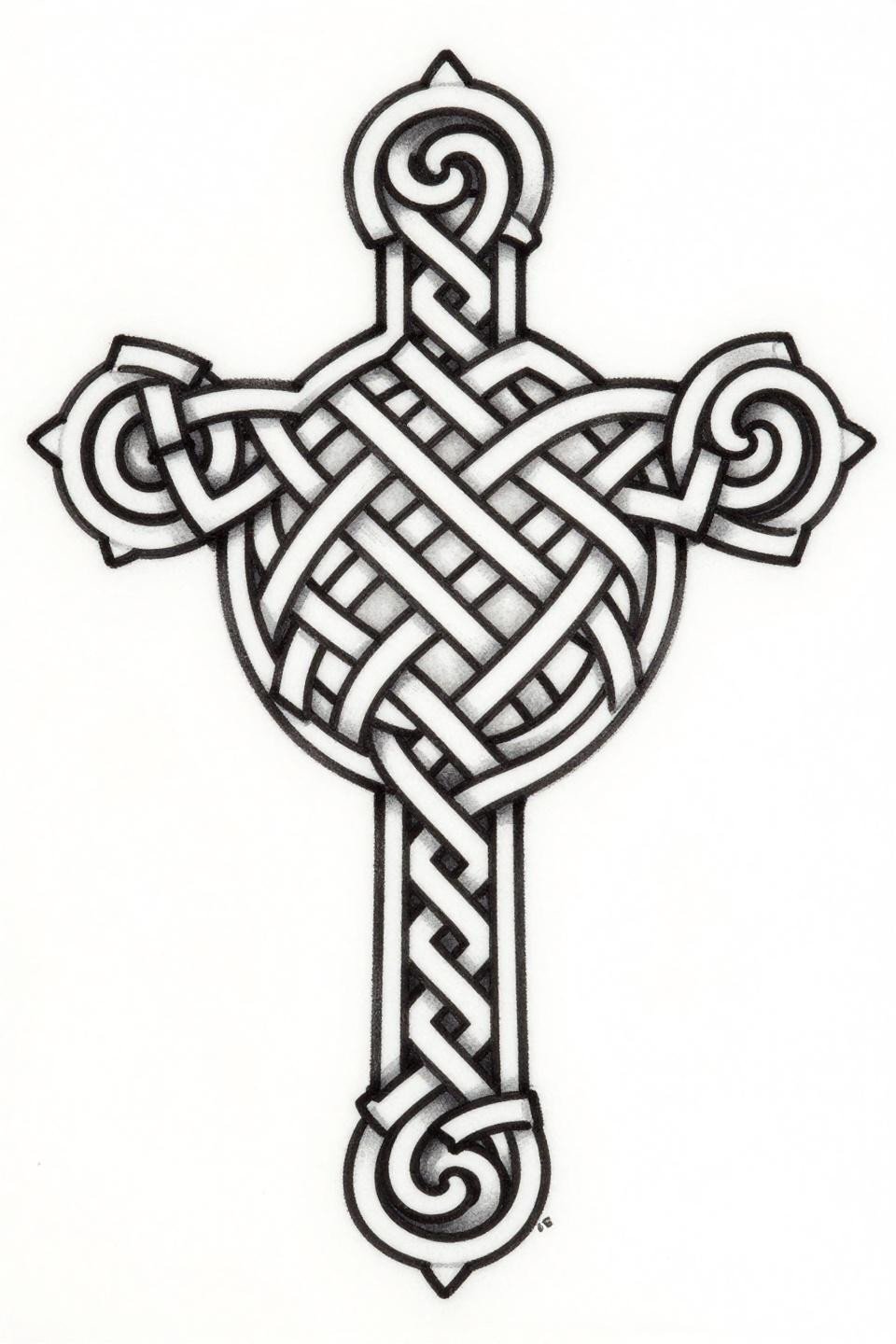Celtic cross knotwork tattoo stencil outline, interlocking quadrilateral knot panels, central circular medallion, spiral finials, bold 2-3pt outlines, dense geometric lattice black flash