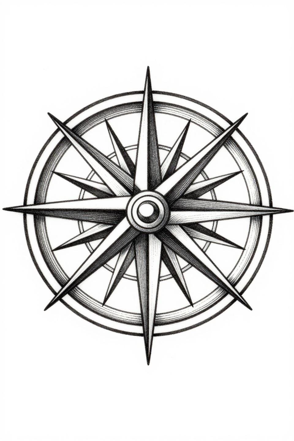 engraving style compass rose tattoo stencil outline, dense parallel crosshatch hatching, 0.3mm fine engraving strokes, circular mandala composition, black ink flash