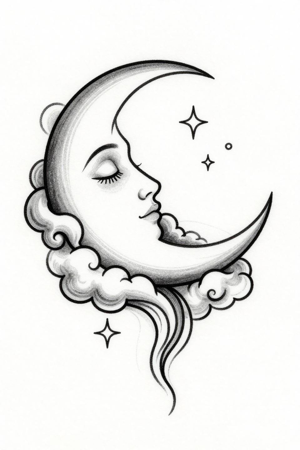 single continuous line crescent moon sleeping face tattoo stencil outline, unbroken hairline linework, celestial stars, asymmetric cloud forms, grey wash flash