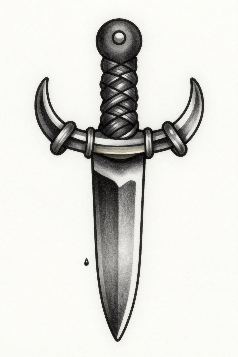 chicano grey wash dagger tattoo stencil outline, whip shading technique, layered grey wash dilution, crisp black outlines, blood droplet, centered flash