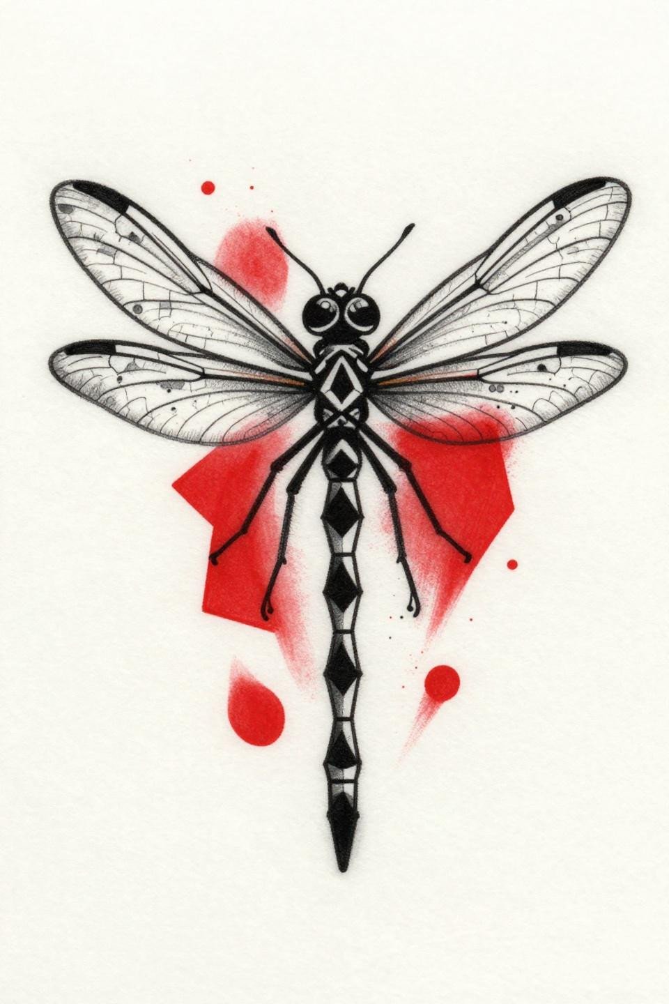 trash polka dragonfly tattoo stencil outline, geometric segmented abdomen, bold 2-3pt black outlines, crimson red accent, asymmetric diagonal flash