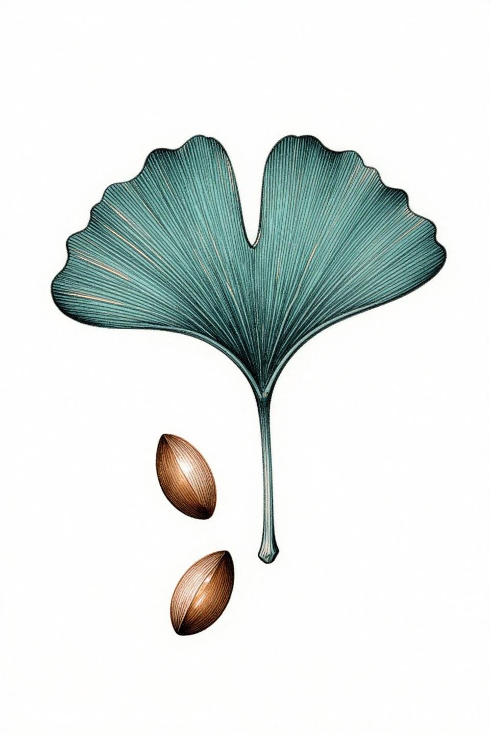 micro-realism ginkgo leaf tattoo stencil outline, hairline 0.5mm single needle strokes, deep teal ink, copper vein highlights, fine line flash