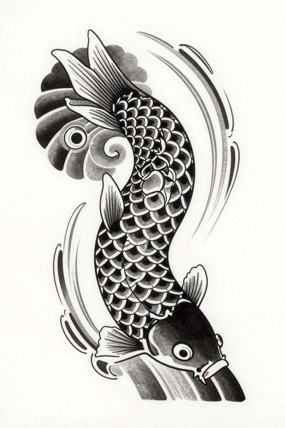 Japanese irezumi koi fish tattoo stencil outline, overlapping circular scales dorsal length, silk ribbon fins sweeping arcs, concentric ring eye, bold 2-3pt outlines, grey wash flash