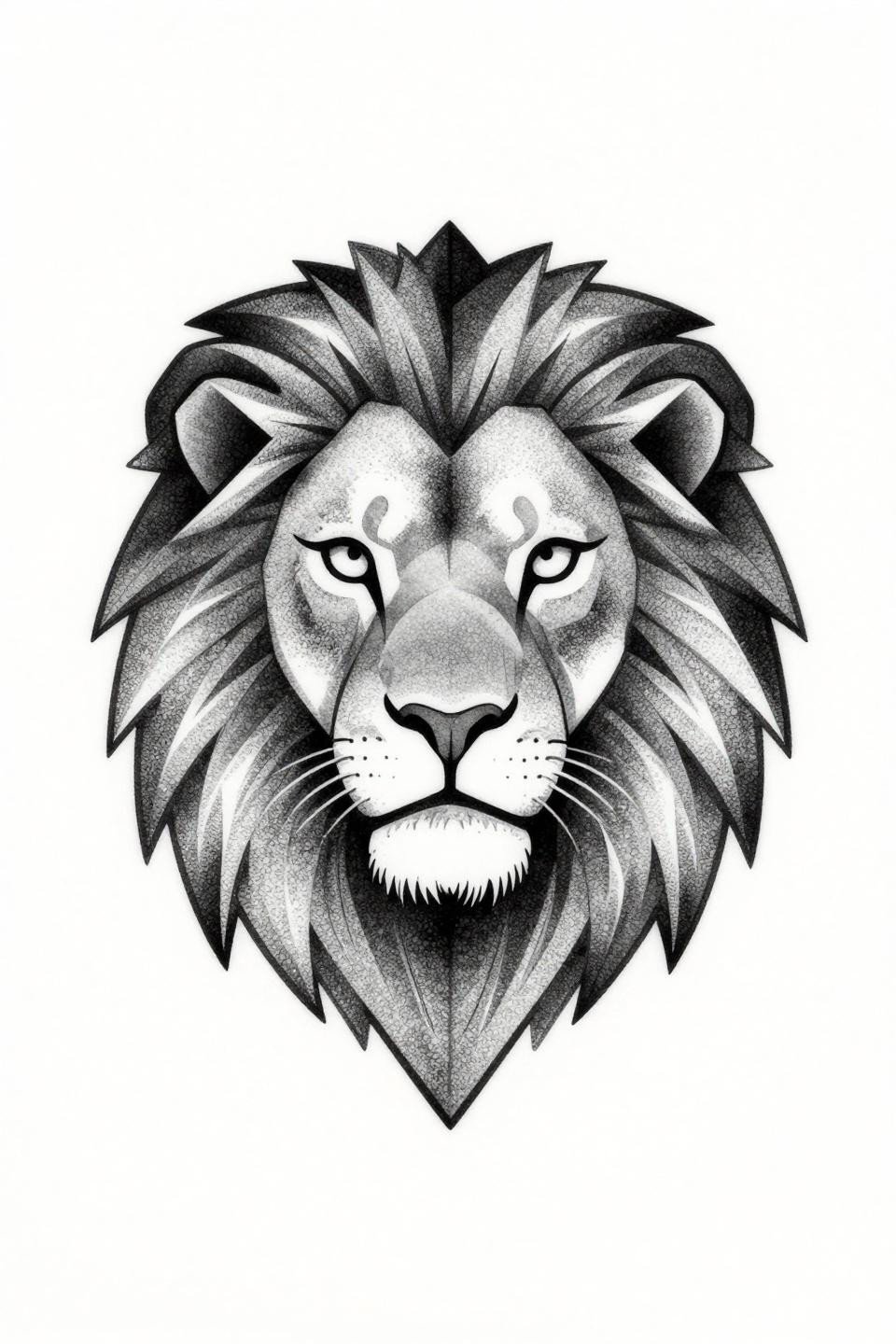 blackwork dotwork geometric lion head tattoo stencil outline, stipple dot gradient dense center to open edge, no solid outlines, angular mane triangular segments flash