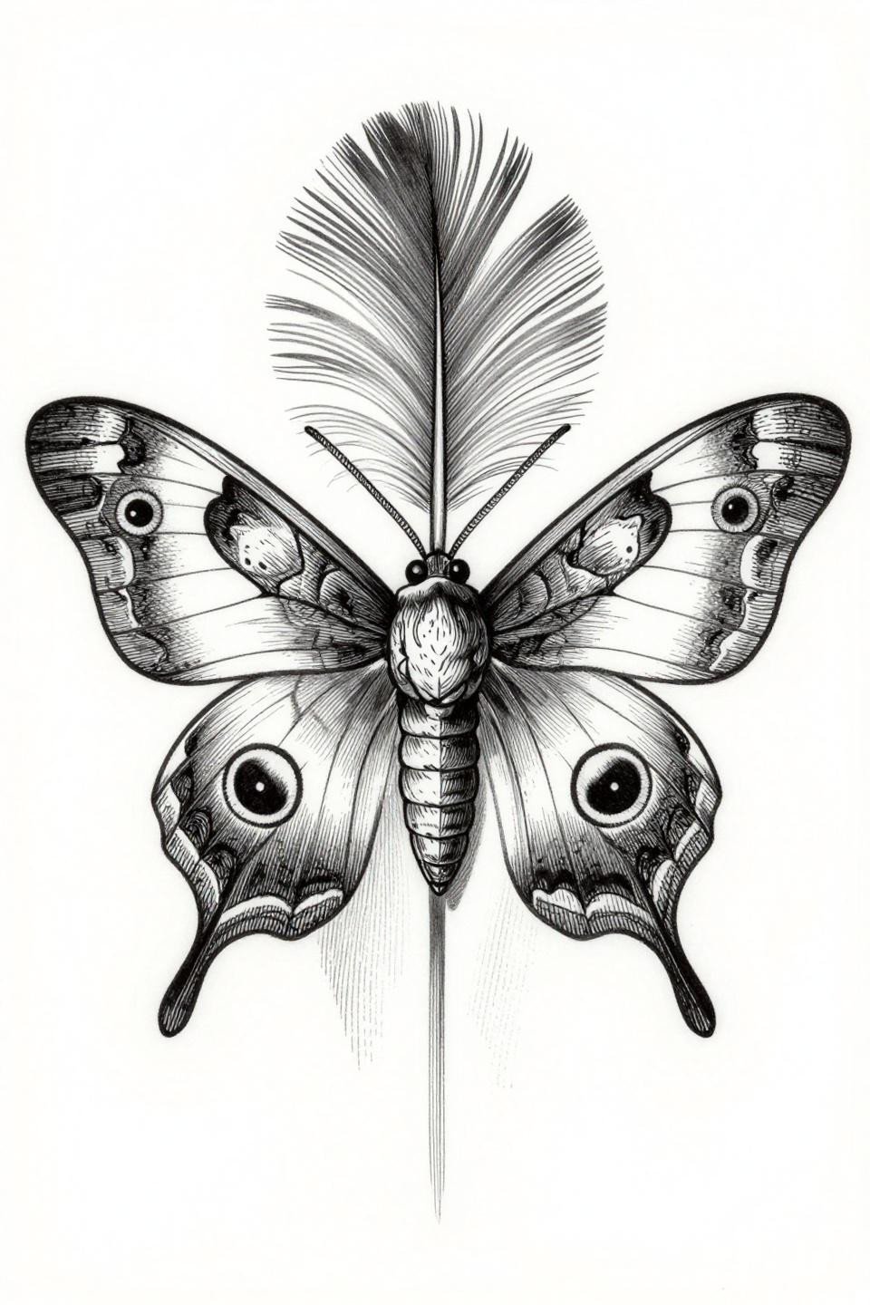 botanical scientific moth tattoo stencil outline, crosshatch etching parallel line hatching, woodcut bold outlines, eye-spot wing markings, bilateral symmetry, grey wash flash