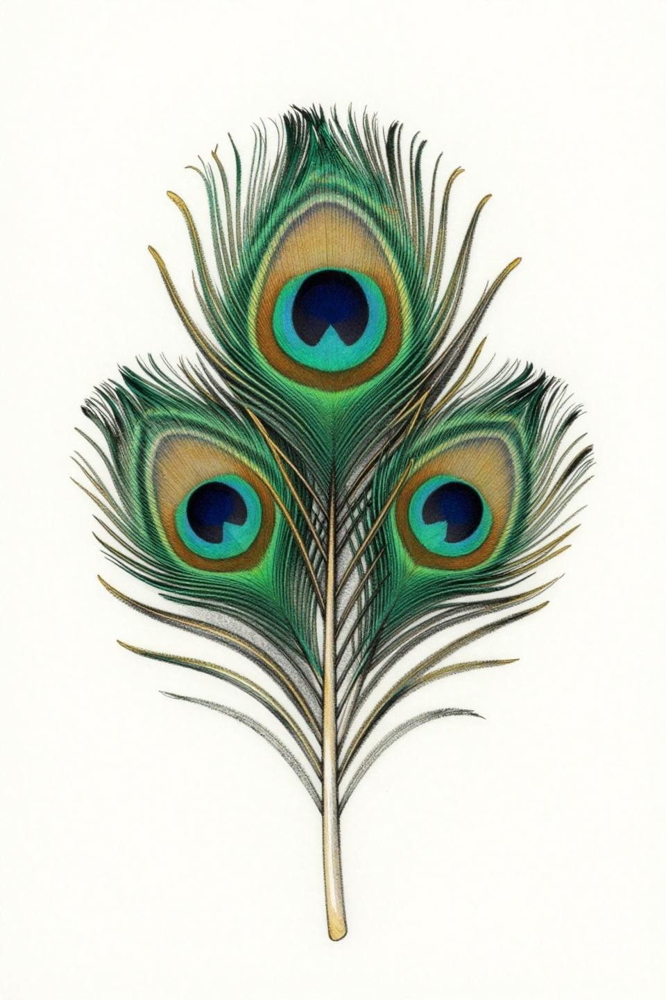 surrealist peacock feather tattoo stencil outline, eye-spot as aperture rings, whip shading tonal gradient, forest green and gold palette, fine line flash