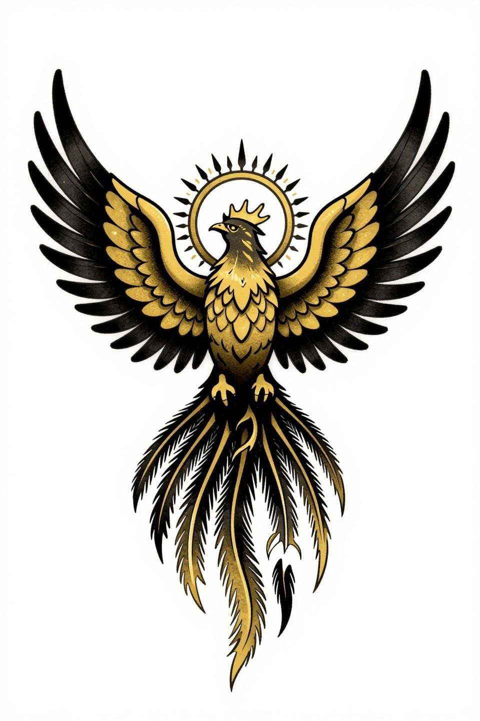 neo-traditional phoenix tattoo stencil outline, circular mandala composition, bold 2-3pt black outlines, flat gold and black fills, bilateral wing symmetry flash