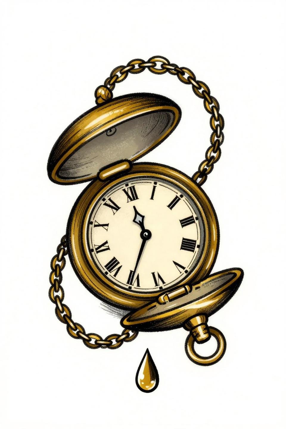 ignorant style pocket watch tattoo stencil outline, rough raw brush ink linework, bold 2-3pt outlines, flat gold and solid black fills, vintage flash