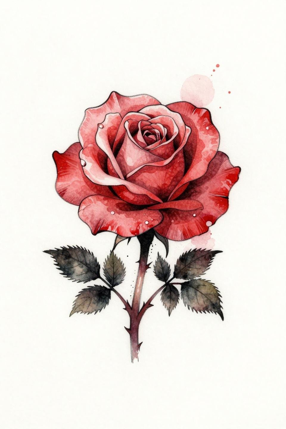 watercolor splash style rose tattoo stencil outline, crimson red bleed behind bold black outline skeleton, brush ink calligraphic marks, wet ink quality, botanical flash