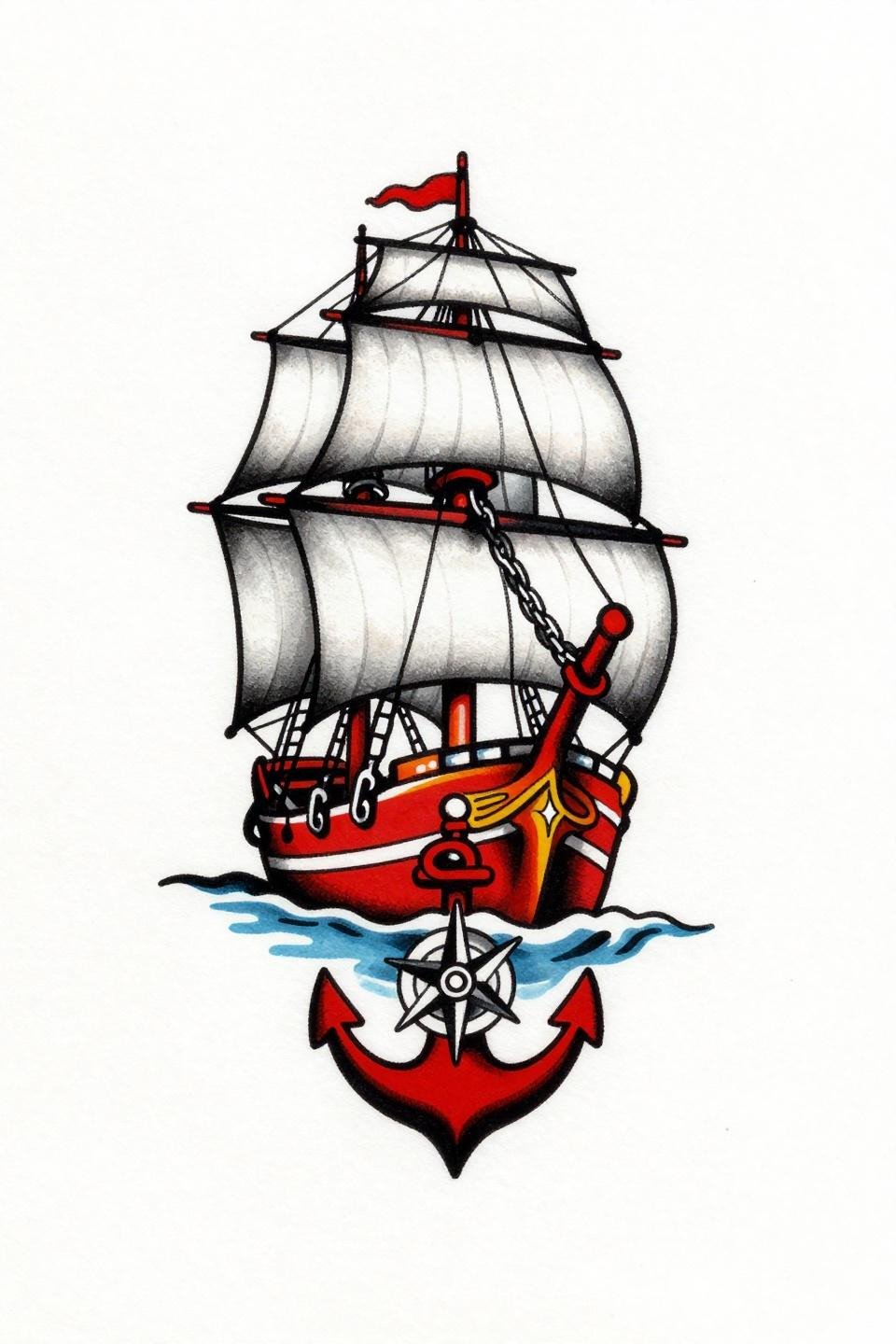 old school sailor ship tattoo stencil outline, bold 3pt black outlines, flat crimson red fills, compass rose hull inset, anchor chain central mast, traditional flash