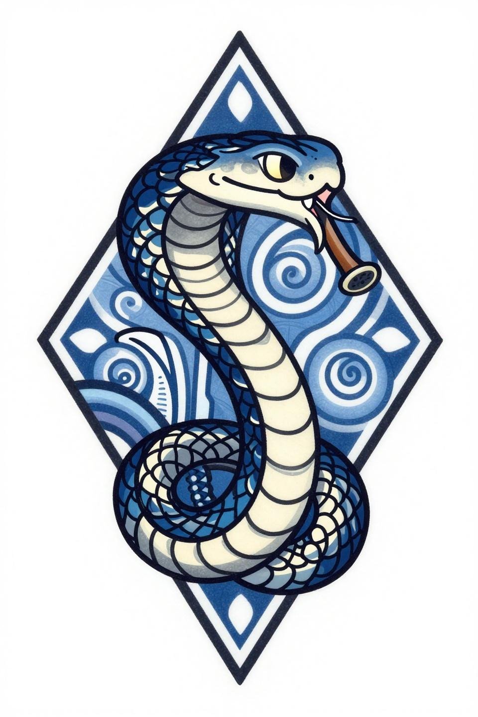 sak yant sacred style cobra snake charmer tattoo stencil outline, bold 2pt outlines, flat navy blue cream fills, diamond frame vertical symmetry flash