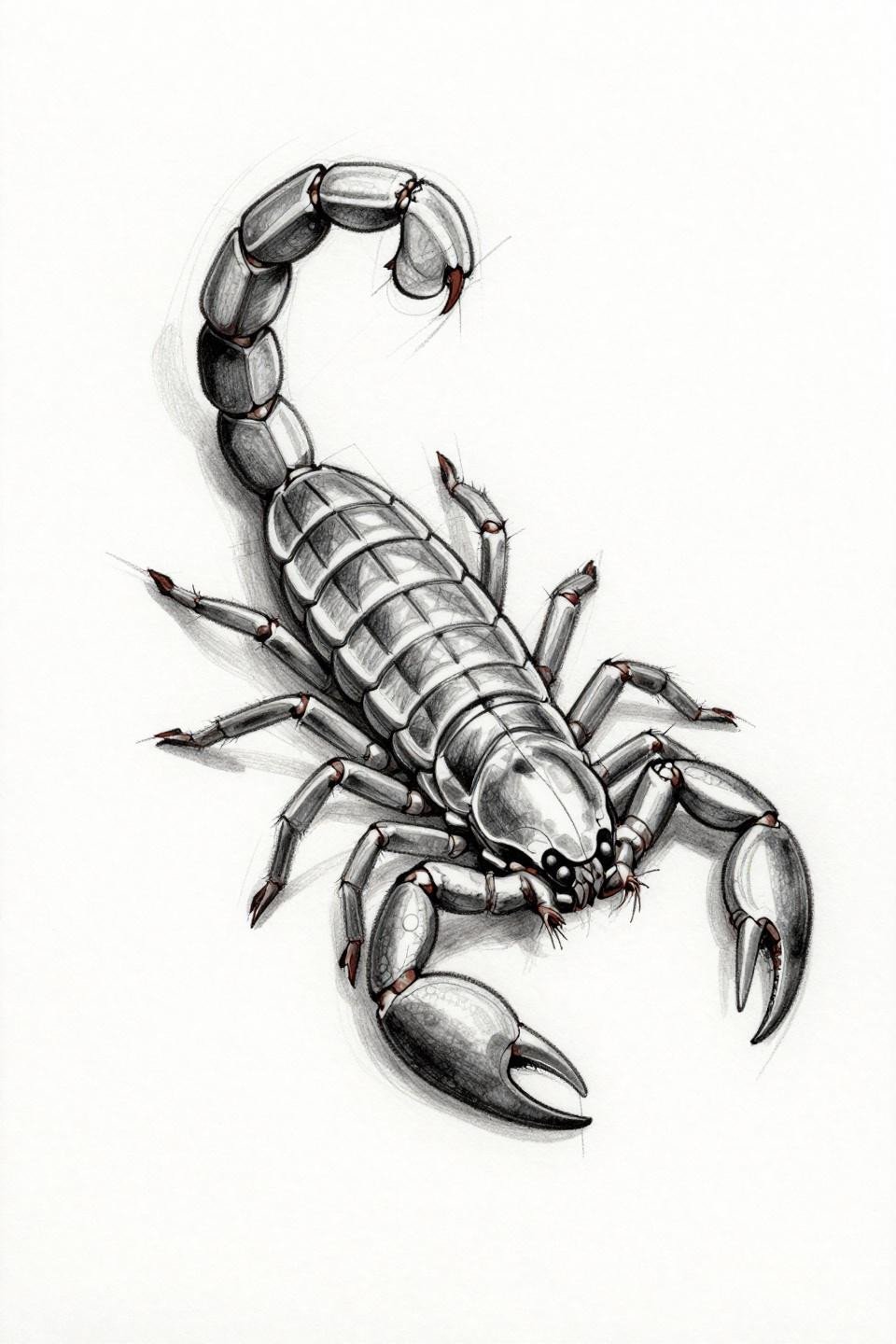 sketch raw style scorpion tattoo stencil outline, loose pencil linework, visible construction marks, crescent pincer forms, grey wash midtones, centered flash