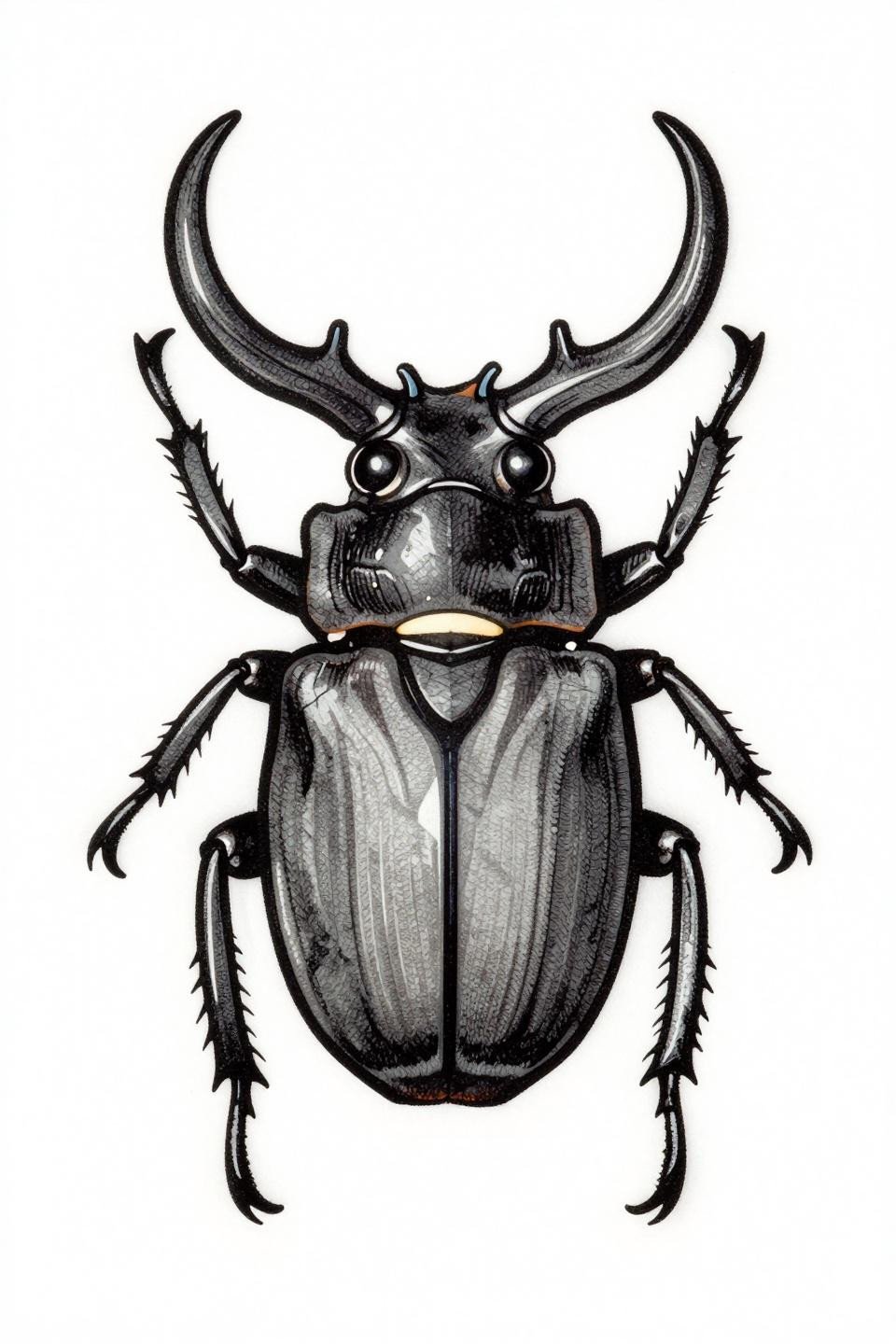 etching woodcut stag beetle tattoo stencil outline, bold block print thick outlines, flat black ink fills, grey wash midtones, entomological flash