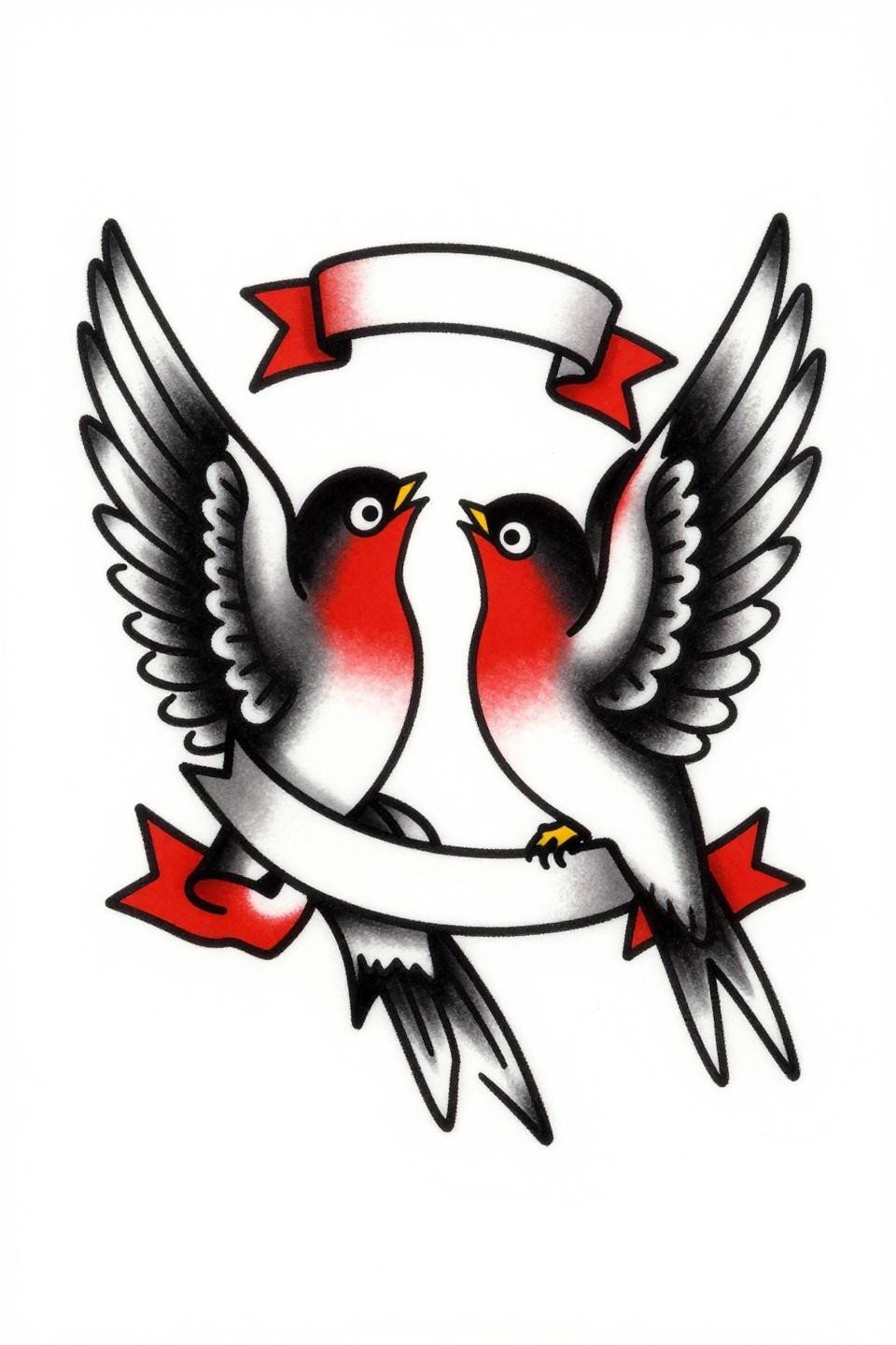 traditional American swallow pair tattoo stencil outline, bold 3pt black outlines, crimson red flat fills, bilateral symmetry, banner ribbon, old school flash