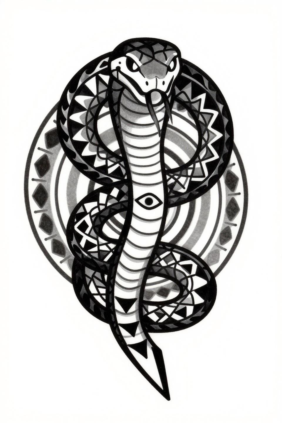 tribal geometric serpent coil tattoo stencil outline, interlocking triangle scales, diamond eye with center pupil dot, bold 3pt outlines, circular mandala composition, flat black fills flash