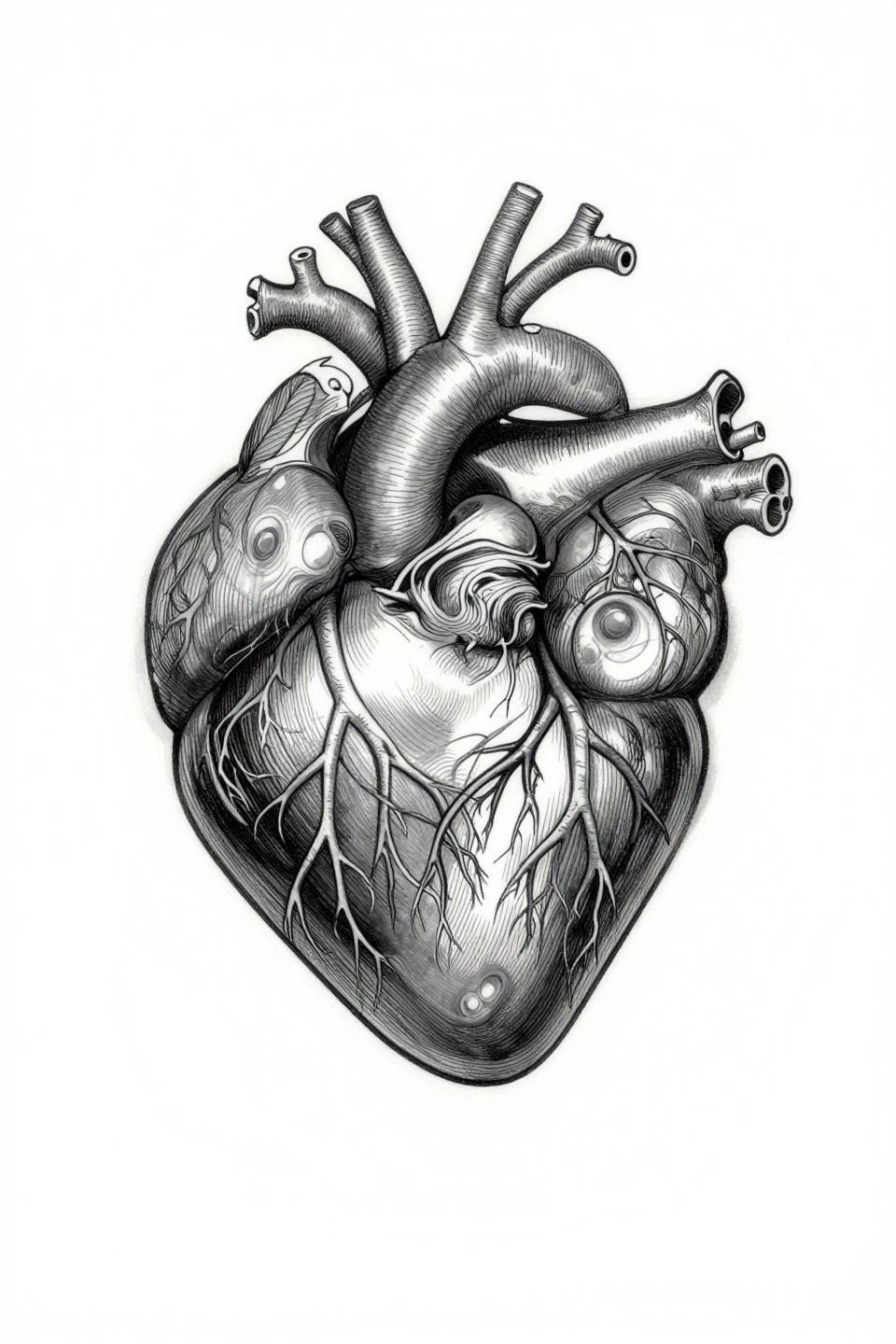 botanical scientific anatomical heart tattoo flash, left half root systems, right half upward branches leaves, bilateral symmetry, dense crosshatch parallel line engraving, grey wash on white paper