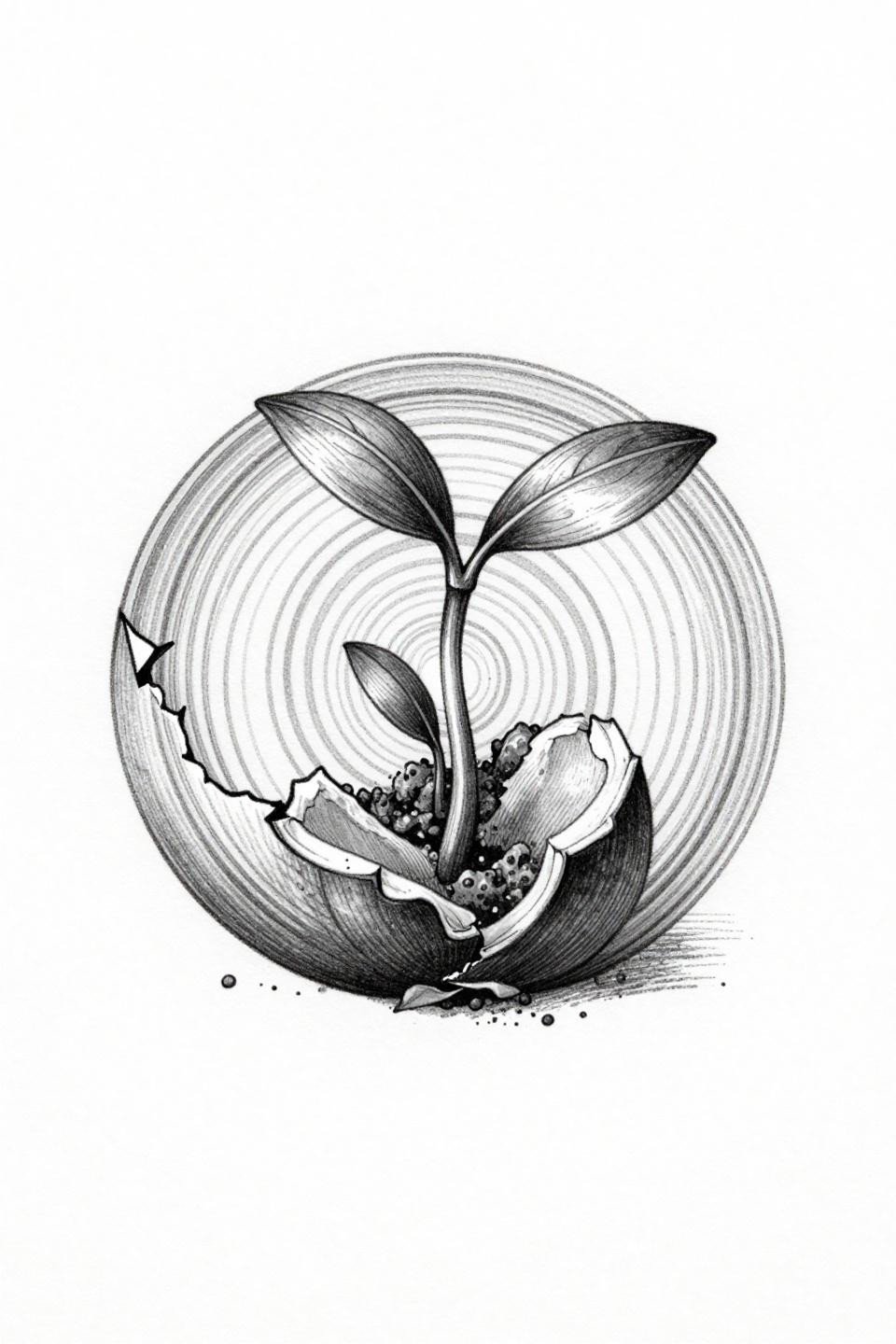 botanical scientific cracked seed pod tattoo flash, cotyledon leaves emerging, concentric growth ring cross-section, crosshatch etching parallel line shadows, black ink grey wash on white paper
