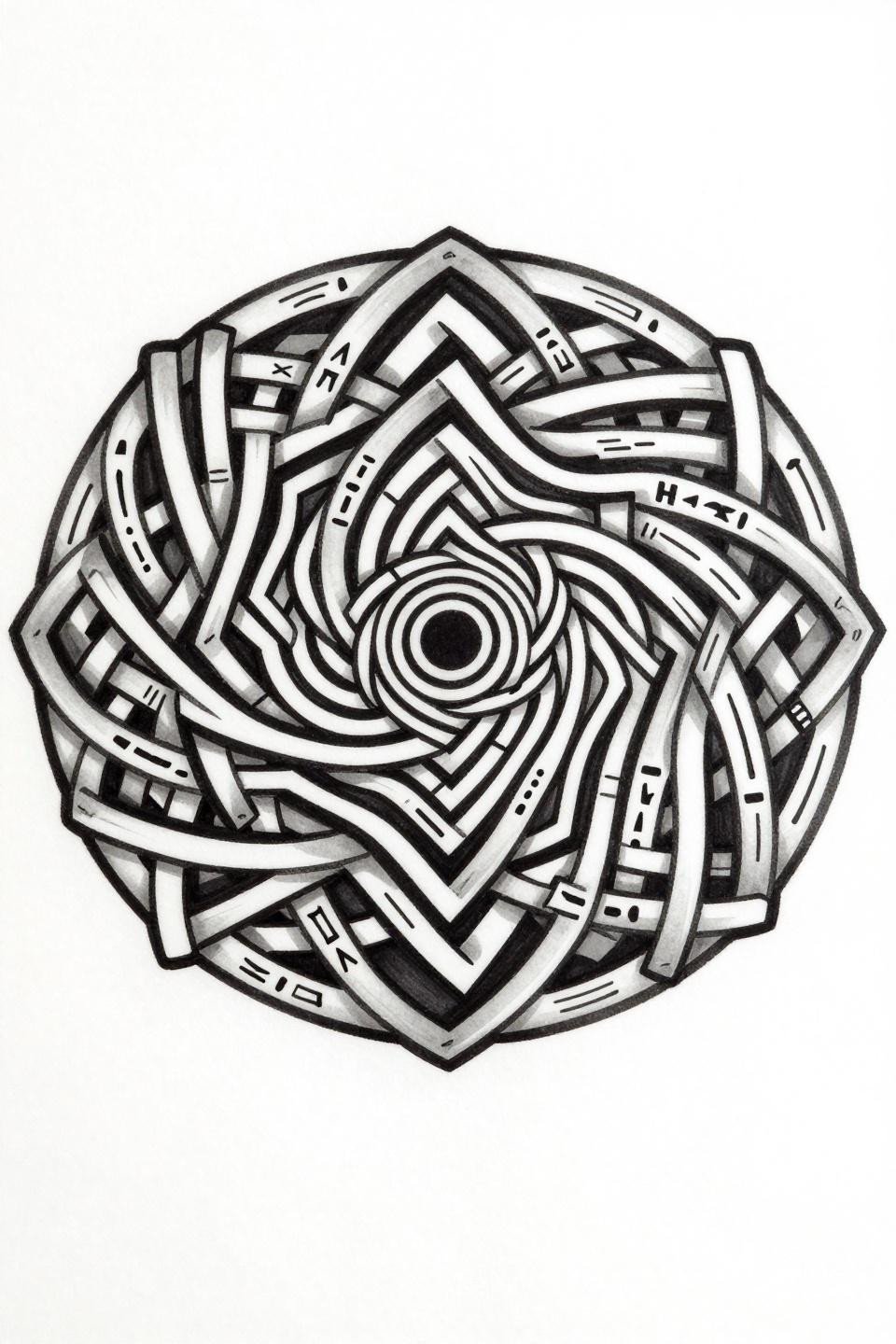 Celtic knotwork spiral labyrinth tattoo flash, interlocking infinite loop bands, nested triangular segments, bold 2-3pt outlines flat black fills, rune-like symbols on white paper