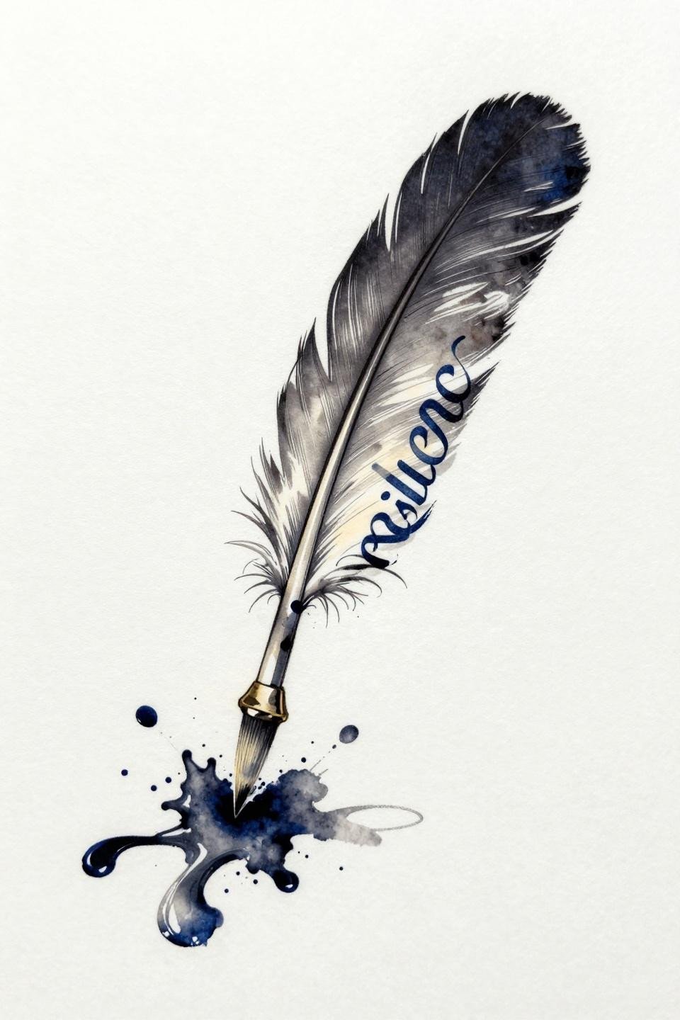 art deco feather quill tattoo flash, barbs dissolving into ink splatter, calligraphic script forming resilience, navy blue with cream tones