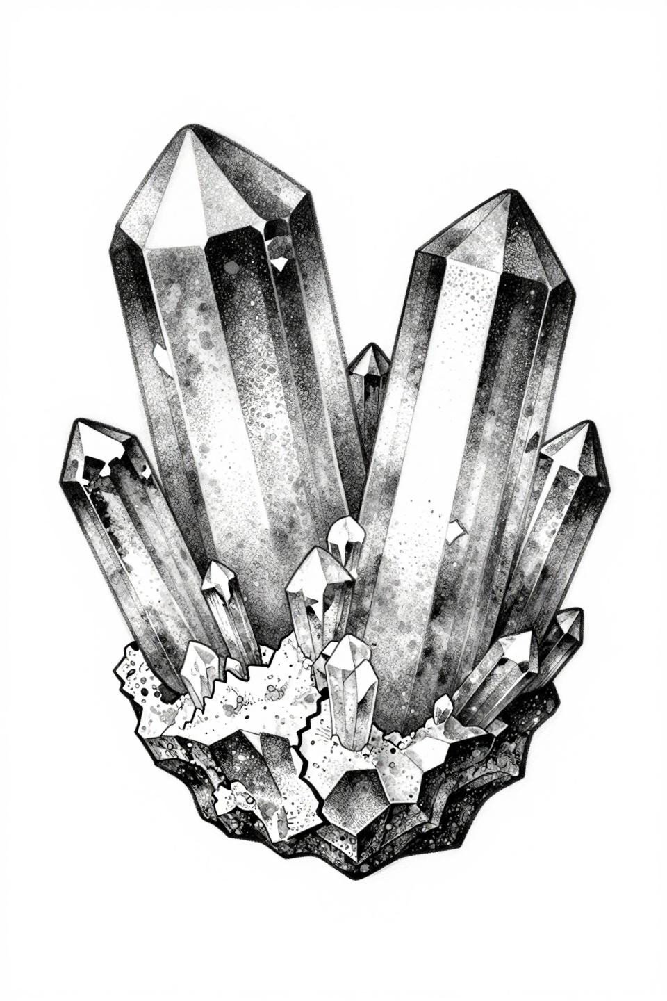 botanical scientific cracked geode tattoo flash, faceted quartz crystal cluster, stipple dotwork dense to open at edges, layered mineral striations cross-section, grey wash midtones on white paper