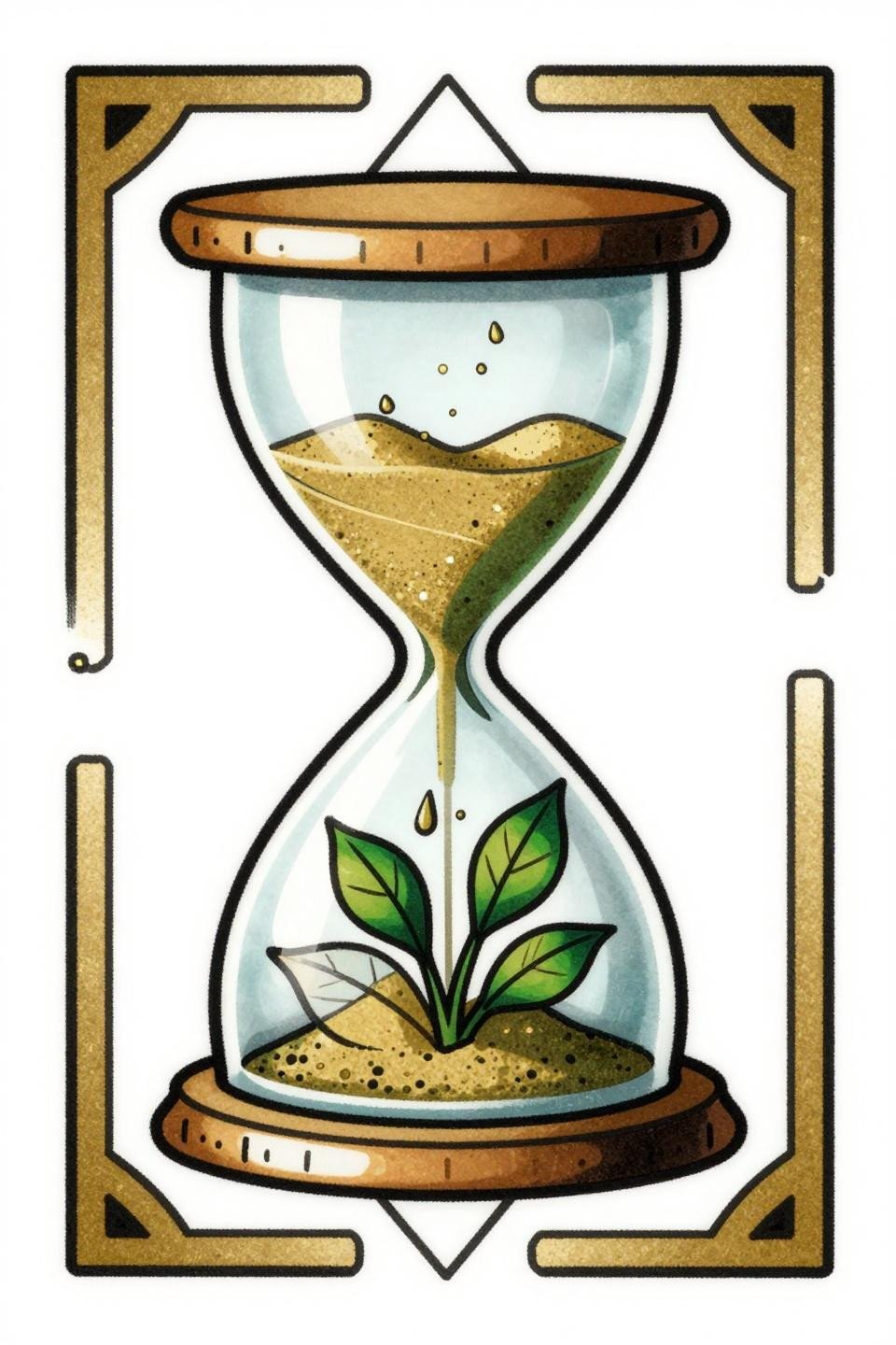 art nouveau hourglass diamond frame tattoo flash, cascading sand into seedling unfurling leaves, cracked glass, bold outlines forest green gold flat fills on white paper