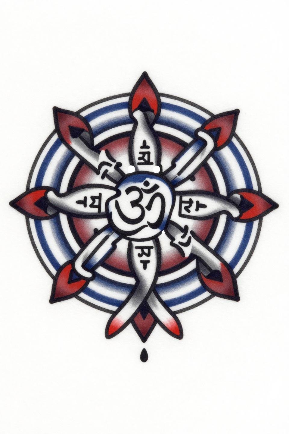 old school sailor infinity knot tattoo flash, Om character at intersection, bold 3RL outlines, deep indigo and crimson flat fills on white paper