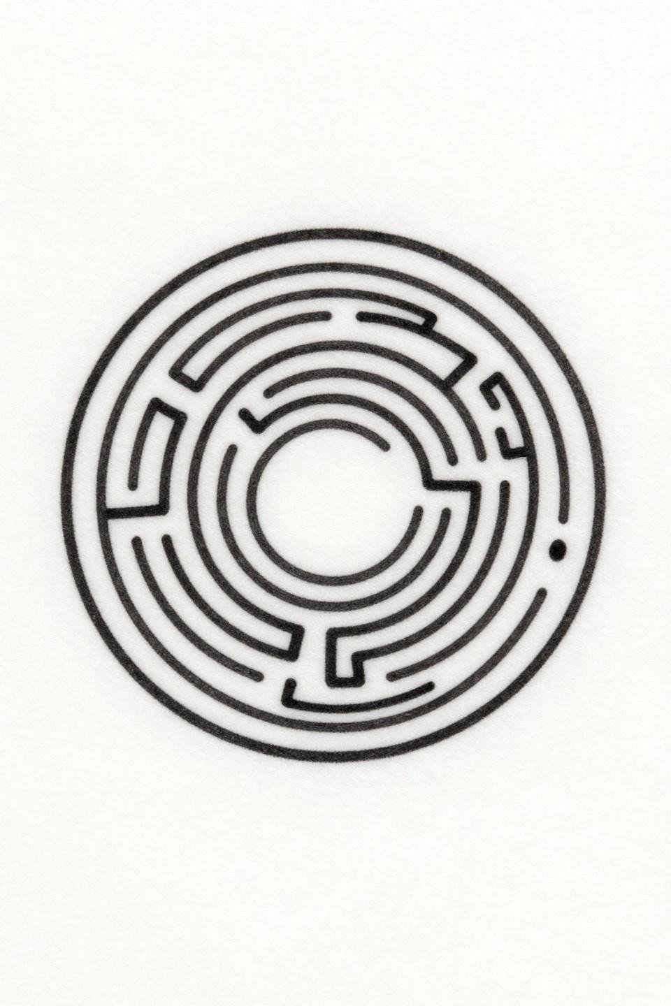 fine line minimal labyrinth spiral tattoo flash, single circle, continuous path to open central void, hairline 0.5mm single-needle strokes, no fills on white paper