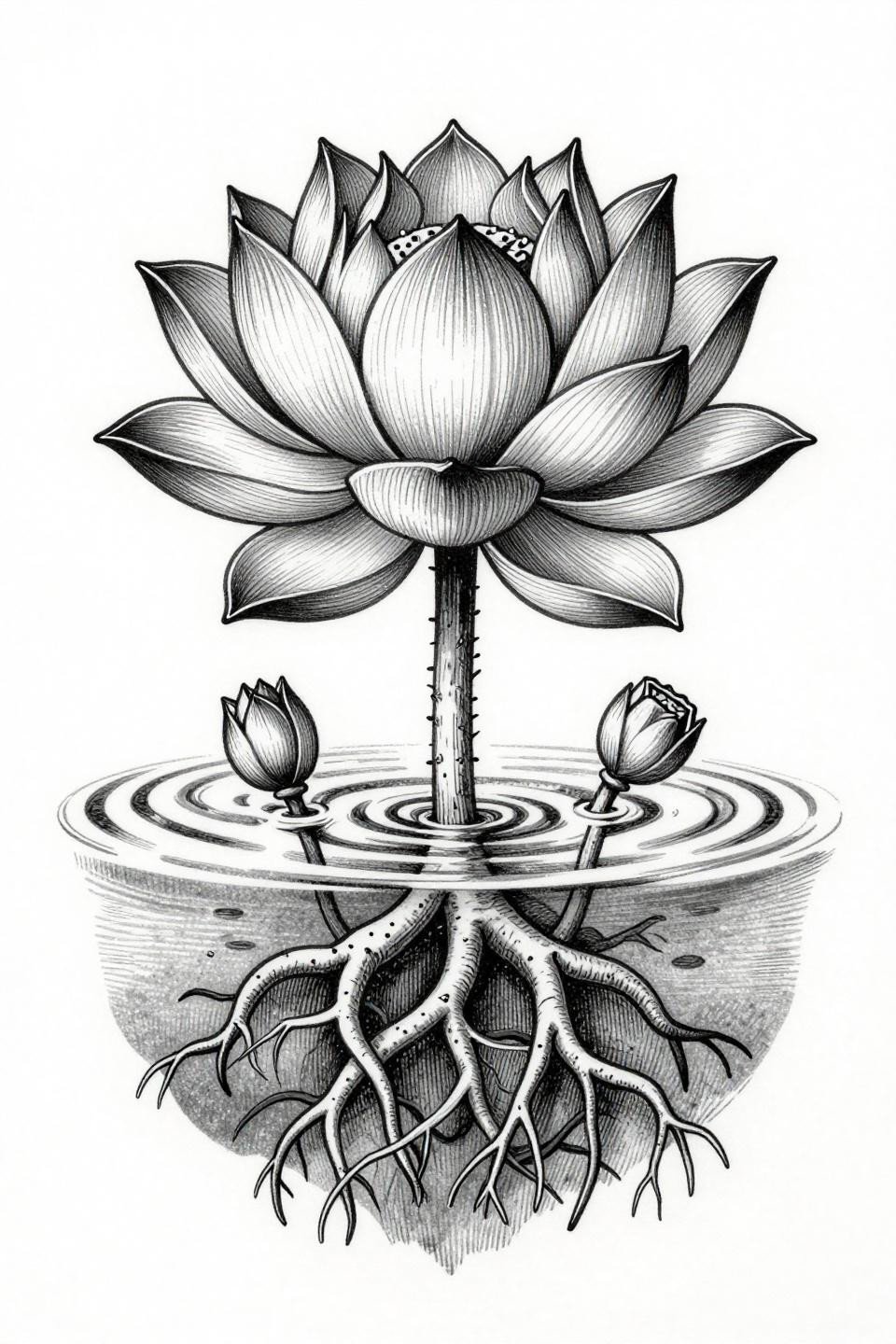 lotus botanical cross-section tattoo flash, etching woodcut style, dense crosshatch parallel line engraving, black ink grey wash midtones on white paper