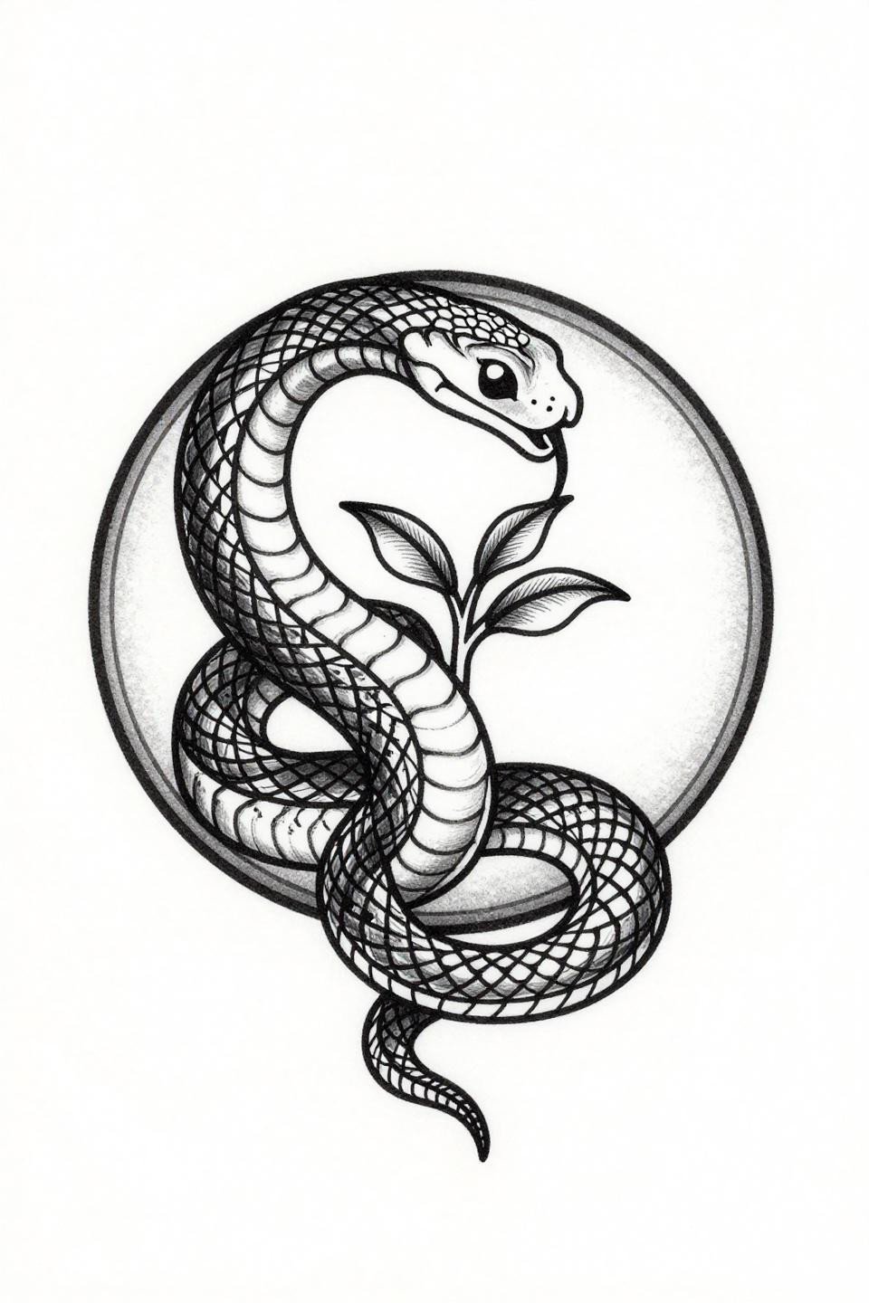 single continuous line ouroboros tattoo flash, serpent consuming tail encircling sprouting seedling, hairline single-stroke linework, circular mandala composition, no fills no grey wash on white paper