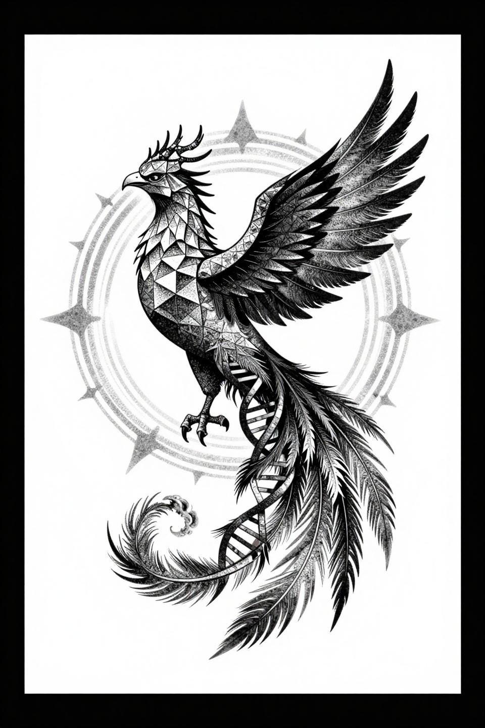 blackwork dotwork phoenix tattoo flash, geometric crystalline plumage, DNA helix tail feathers, stipple gradient dense to open, circular mandala composition on white paper