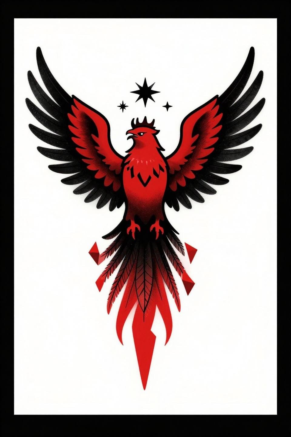 neo-traditional phoenix tattoo flash, mid-ascent wings spread, tail feathers dissolving into triangles, bold 2-3pt outlines crimson red and black flat fills, centered vertical composition on white paper