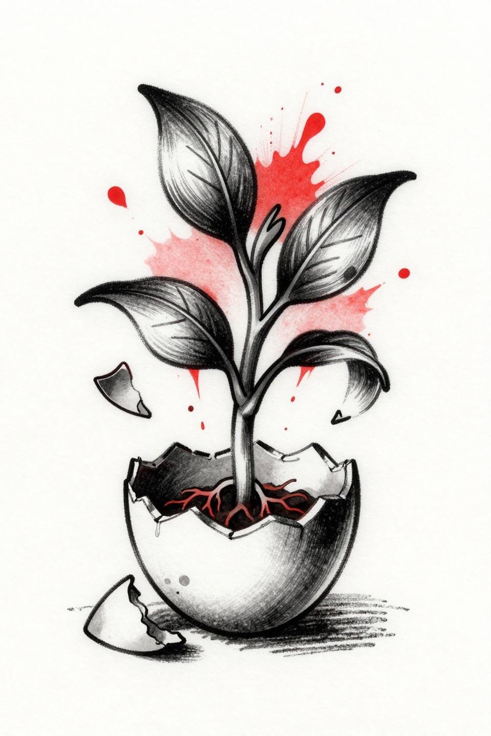 trash polka seed sprouting from broken eggshell tattoo flash, crimson red accent on solid black, aggressive brushwork ink splatter, asymmetric composition on white paper