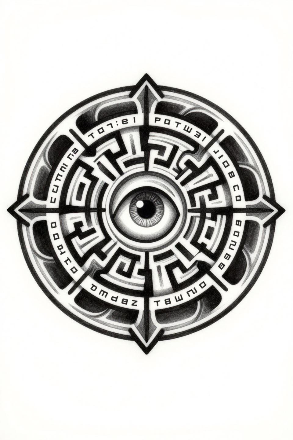 tribal geometric labyrinth mandala tattoo flash, central iris pupil, concentric circular paths, bold 2-3pt black outlines flat fills, mirror-reversed outer text on white paper