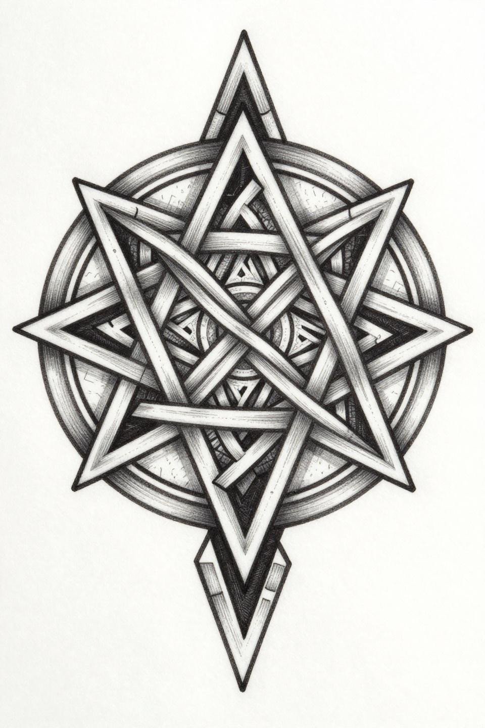 dark coverup tattoo ideas Celtic knotwork flash, rectilinear sacred geometry, interlocking six-pointed star patterns, parallel line 1pt ruled hatching, solid black fields, optical depth illusion over angular script