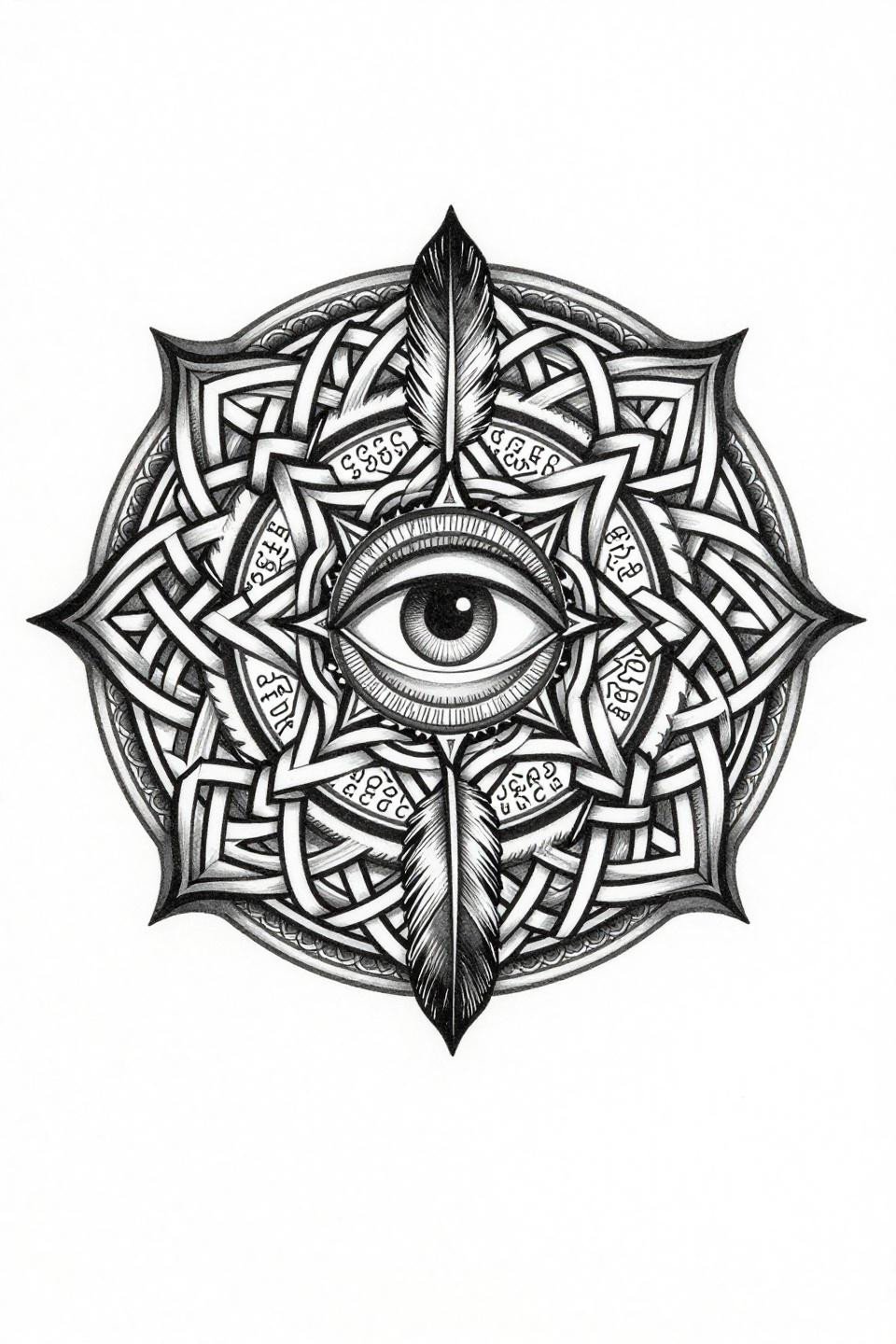 meaningful tattoos Celtic knotwork mandala flash, central eye symbol, interlocking knot bands with feather motifs, bold 2-3pt outlines, flat ink fills, obscured text beneath braided knotwork rings