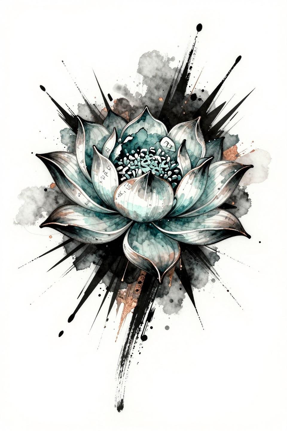 meaningful tattoos cover up lotus blackwork flash, teal watercolor bleed, copper metallic accent, negative space pathways through botanical blackwork shard overlay
