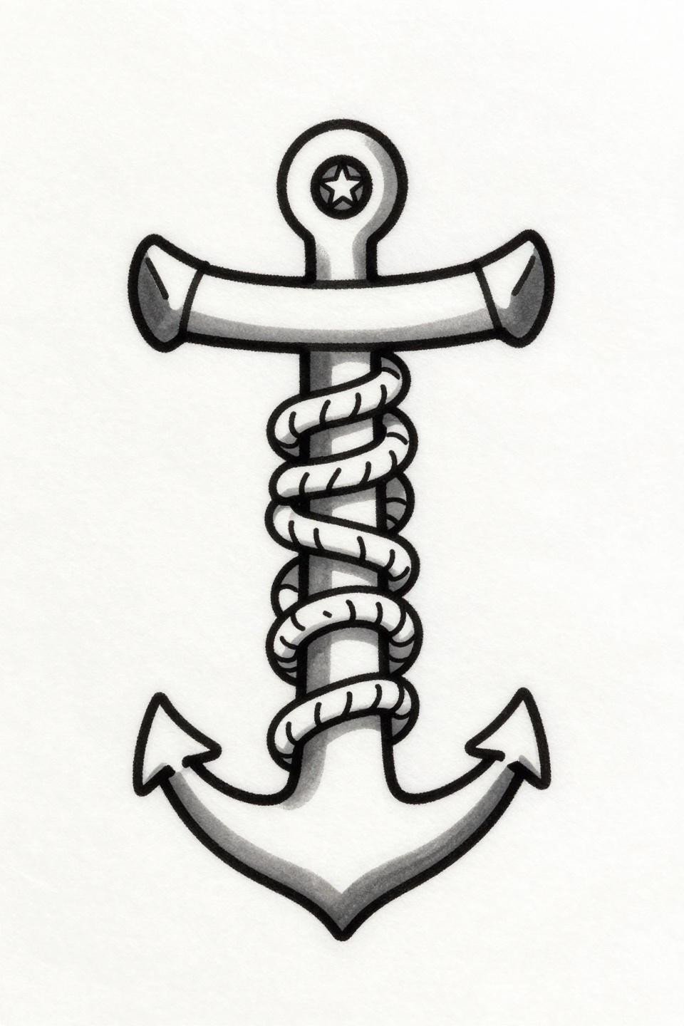 small girly tattoos Japanese irezumi anchor flash, rope coil nautical detail, bold 2-3pt flat ink fills, star at crown apex centered composition