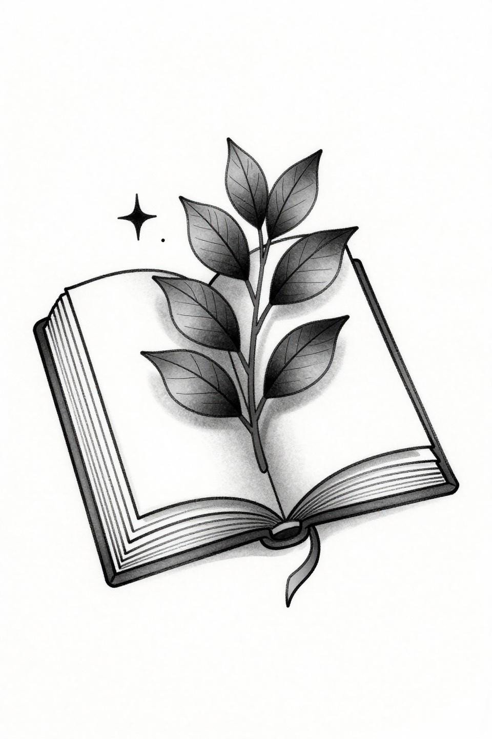 mini tattoo ideas with meaning botanical open book flash, fanned pages negative space, bookmark ribbon spine, star symbol floating above 0.5pt sharp outlines
