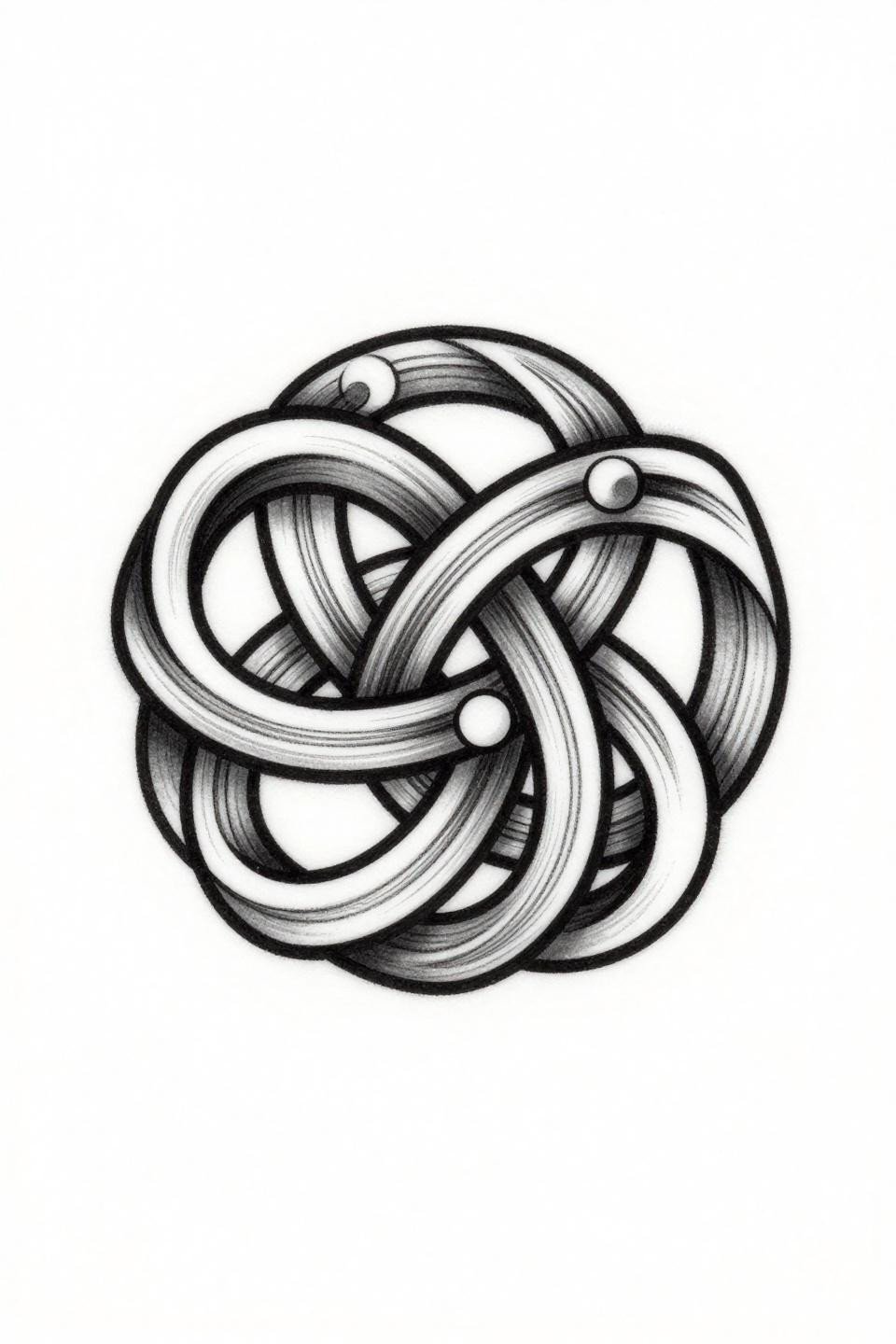 tiny tats with meaning Celtic knotwork flash, trinity knot trefoil loops, parallel hatching weave technique, bold 2pt outlines on white paper