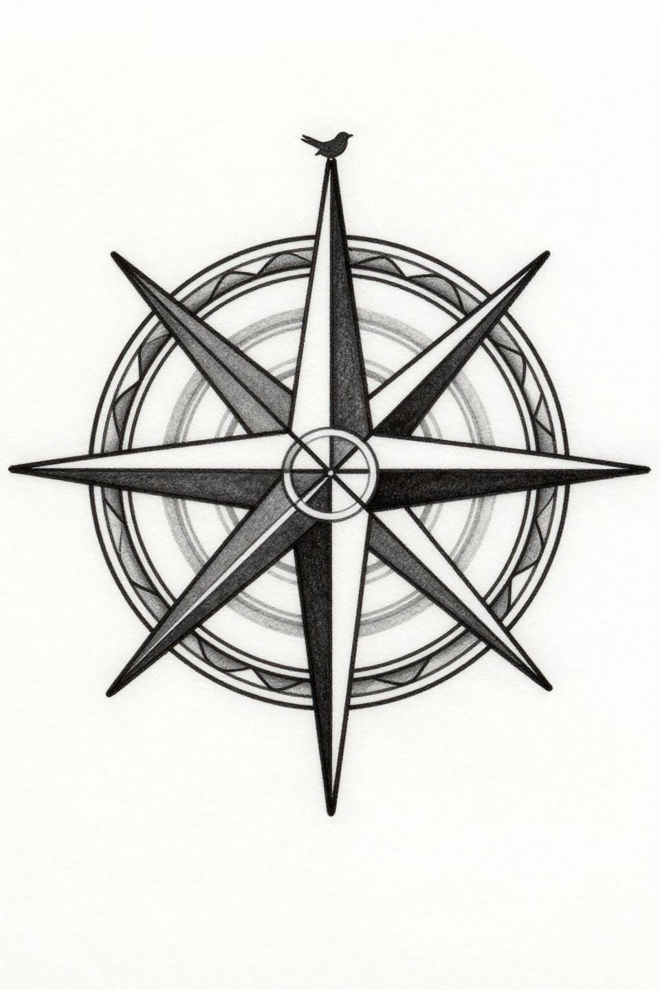 mini meaningful tattoos art nouveau compass rose flash, cardinal point hairline geometry, bird silhouette north point, organic flourishes radial symmetry on white paper