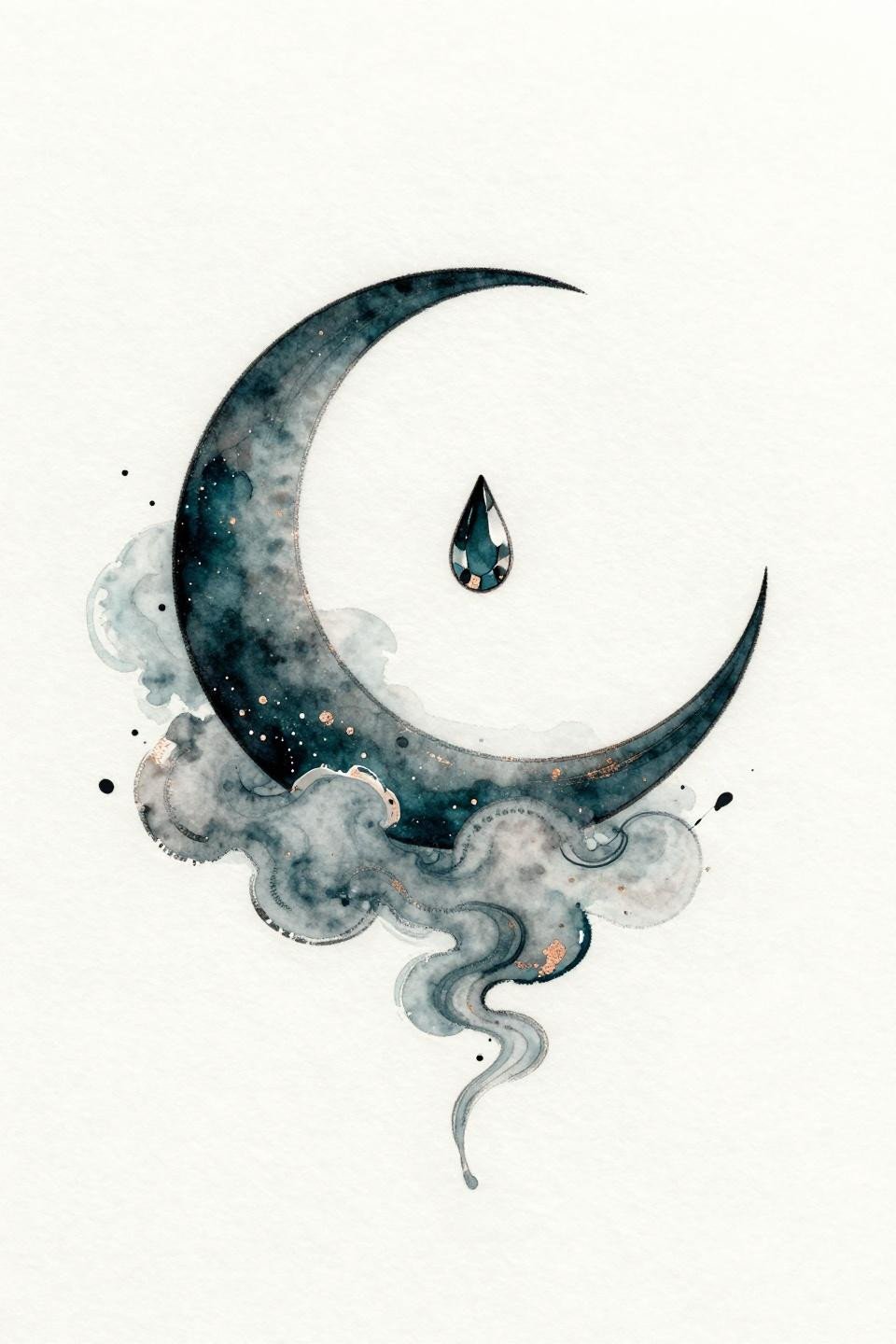 mini tattoo ideas with meaning crescent moon watercolor flash, teardrop gemstone celestial wisps, deep teal copper metallic wash, brush calligraphic marks on white paper