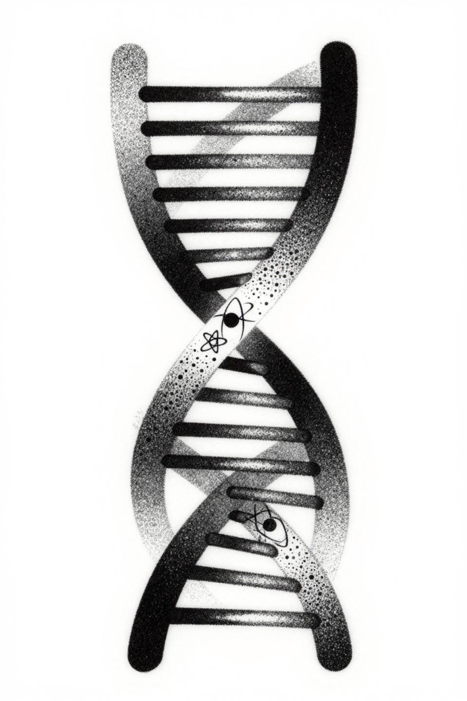 small tattoos with deep meaning blackwork dotwork DNA helix flash, stipple dot gradient dense to open, atom symbol center intersection, grey wash dilution on white paper