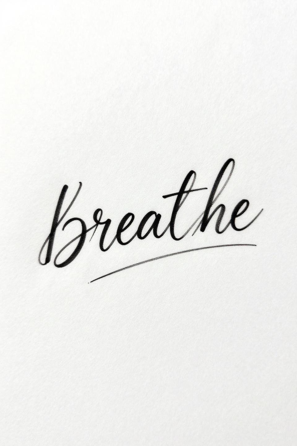 meaningful word tattoos fine line cursive script flash, lowercase breathe flowing letterform, exhale hairline taper, single needle 0.5mm strokes open negative space